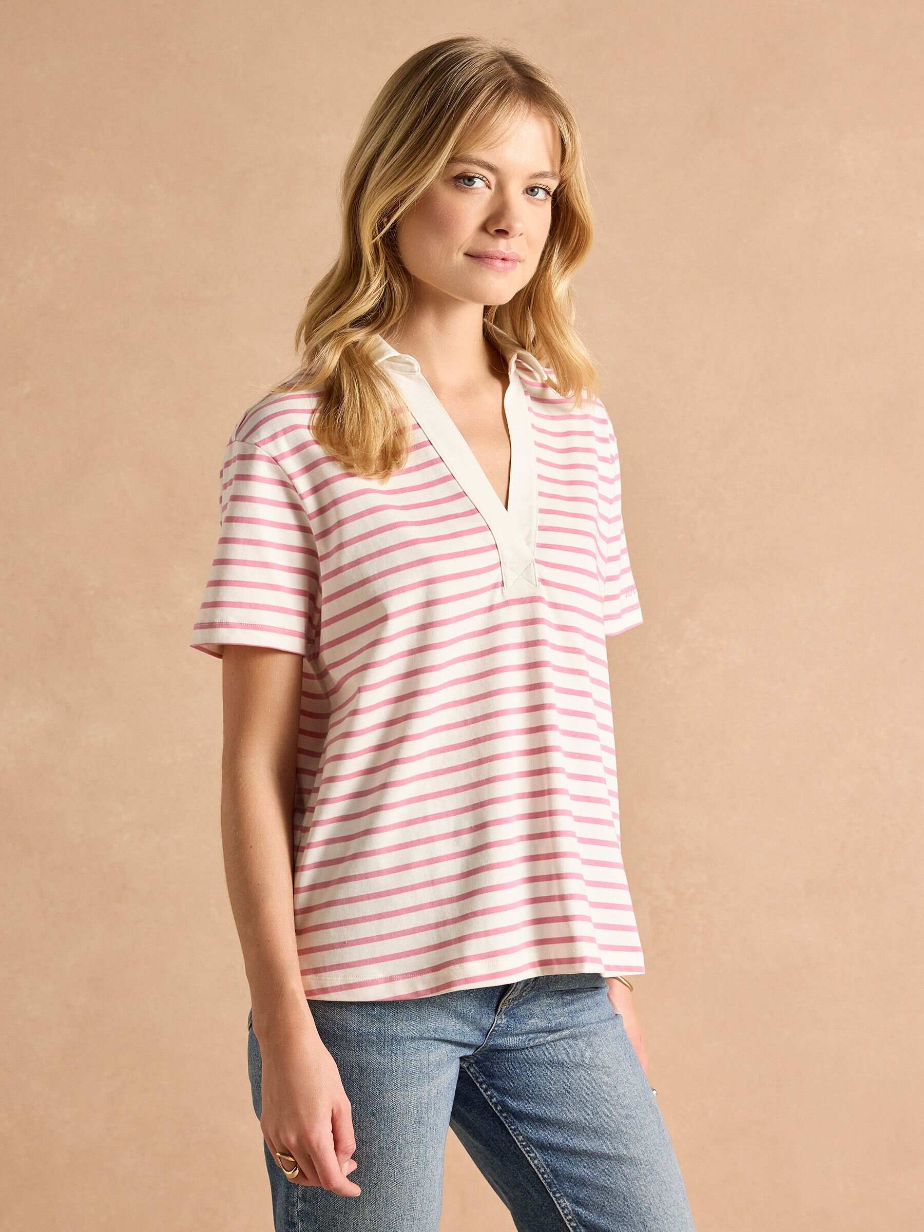 Tallie Pink/White Short Sleeve Combed 100% Cotton Collared Top
