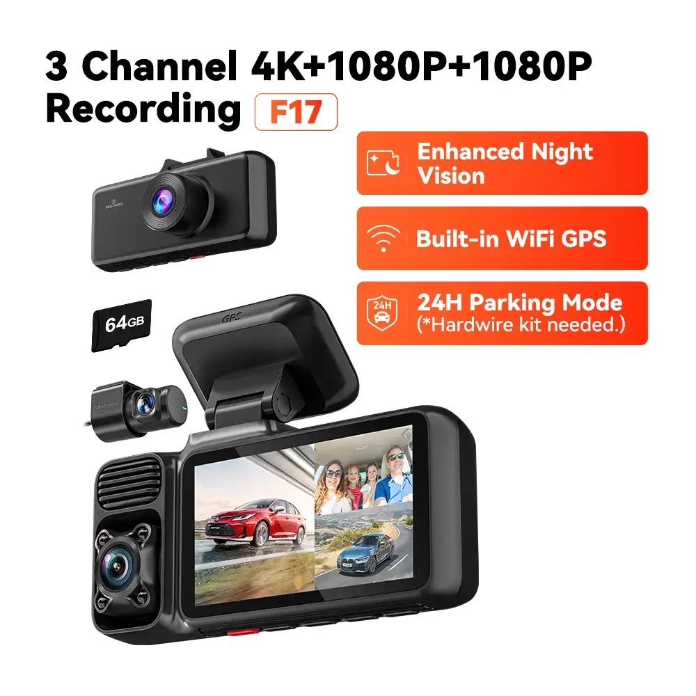 F17 4K 3-Channel Dash Cam with 5GHz WiFi GPS, 64GB Card, 2160P+1080P+1080P Cameras, IR Night Vision, Parking Mode, Car rvibes, Car VLOG, Summervibes
