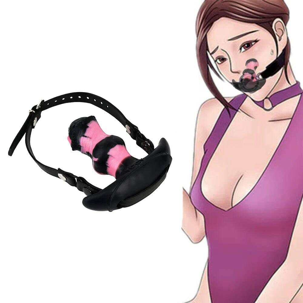 Leather Mouth Gag with Vibrating Horse Dildo