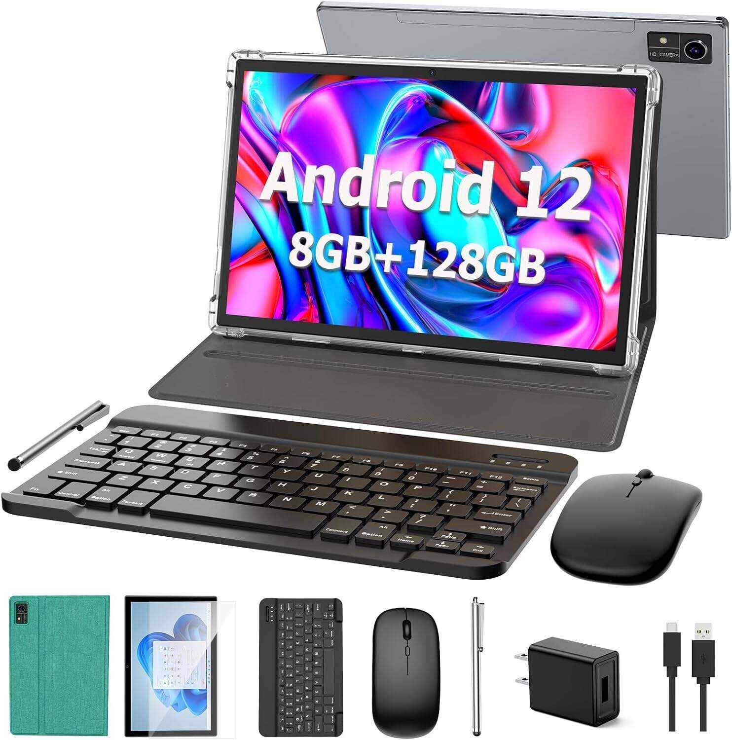 Android Tablet 10 inch, Android 12 Tablet, 8GB RAM 128GB ROM,1TB Expand, 5G WiFi, 4G/LTE, Bluetooth, 8000mAh Battery, Google Certified, 2 in 1 Tablet with Keyboard, Mouse, Case, Stylus(Silver)