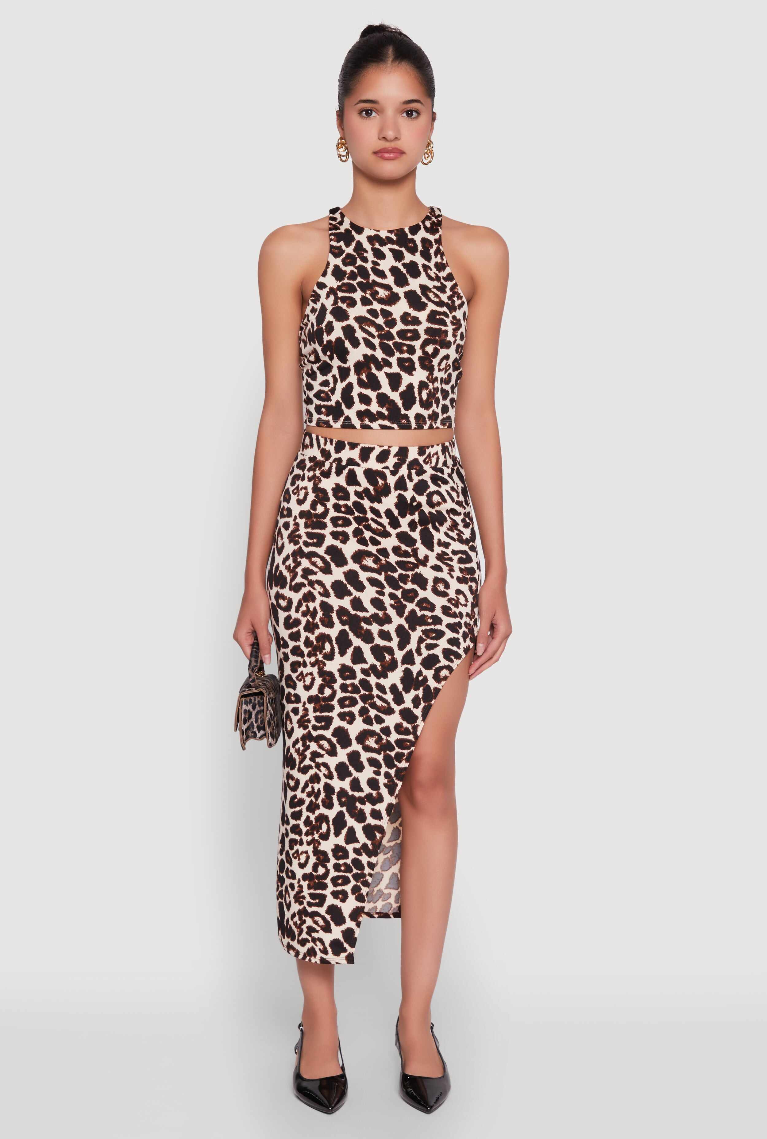 Trendy Leopard Print Side Slit High Waisted Skirt
