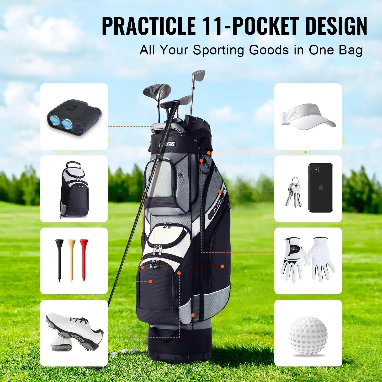 Golf Cart Bag with 14 Way Organizer Divider Top,  41” 13 Pockets Premium Nylon Cart Bag, Durable Golf Bags with Handles & Dust Cover & Detachable Straps for Men & Women, Black Color-Block