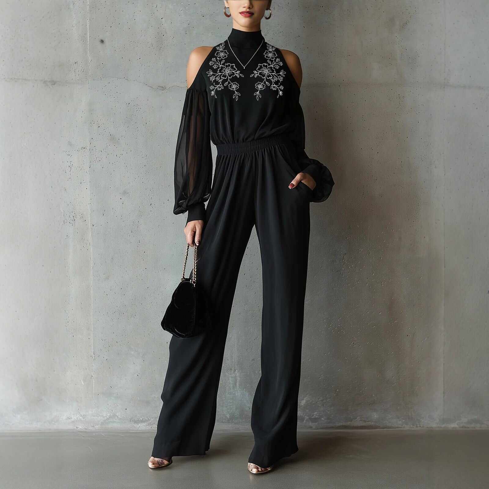 Black Embroidered Women'S Long-Sleeved Jumpsuit
