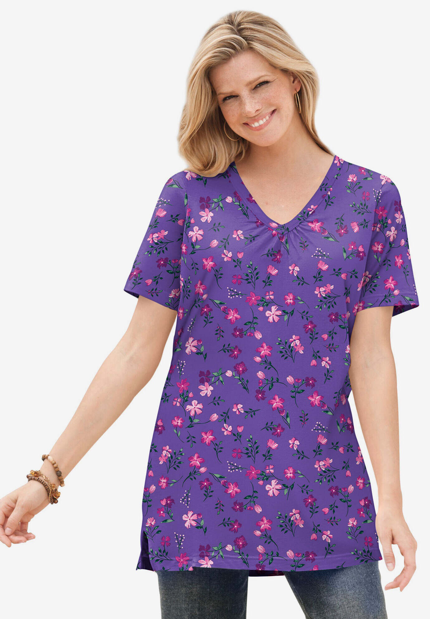 Perfect Printed Short-Sleeve Shirred V-Neck Tunic