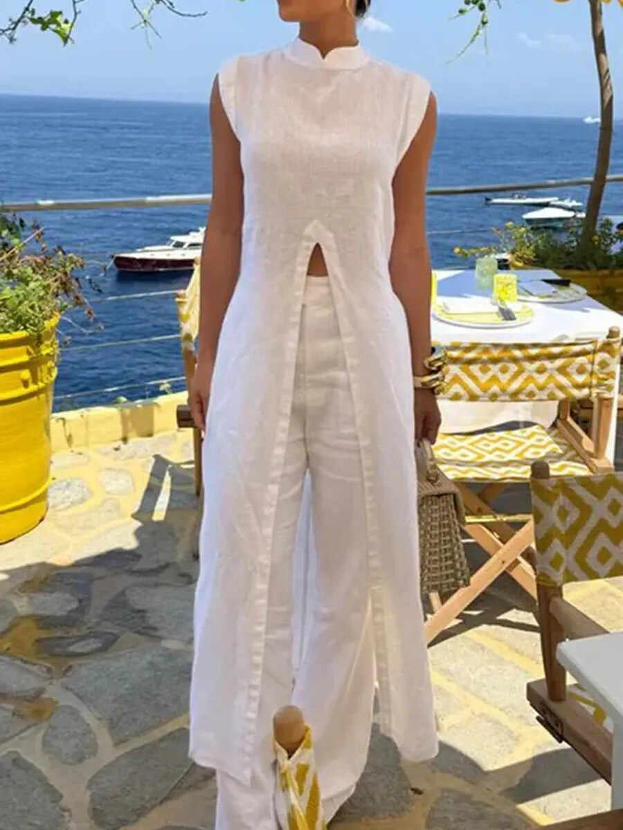 🔥Summer Arrivals🌟Women's Stylish Casual Elegant Resort Cotton Linen Front Slit Midi Top And Elastic Waist Loose Pants Set