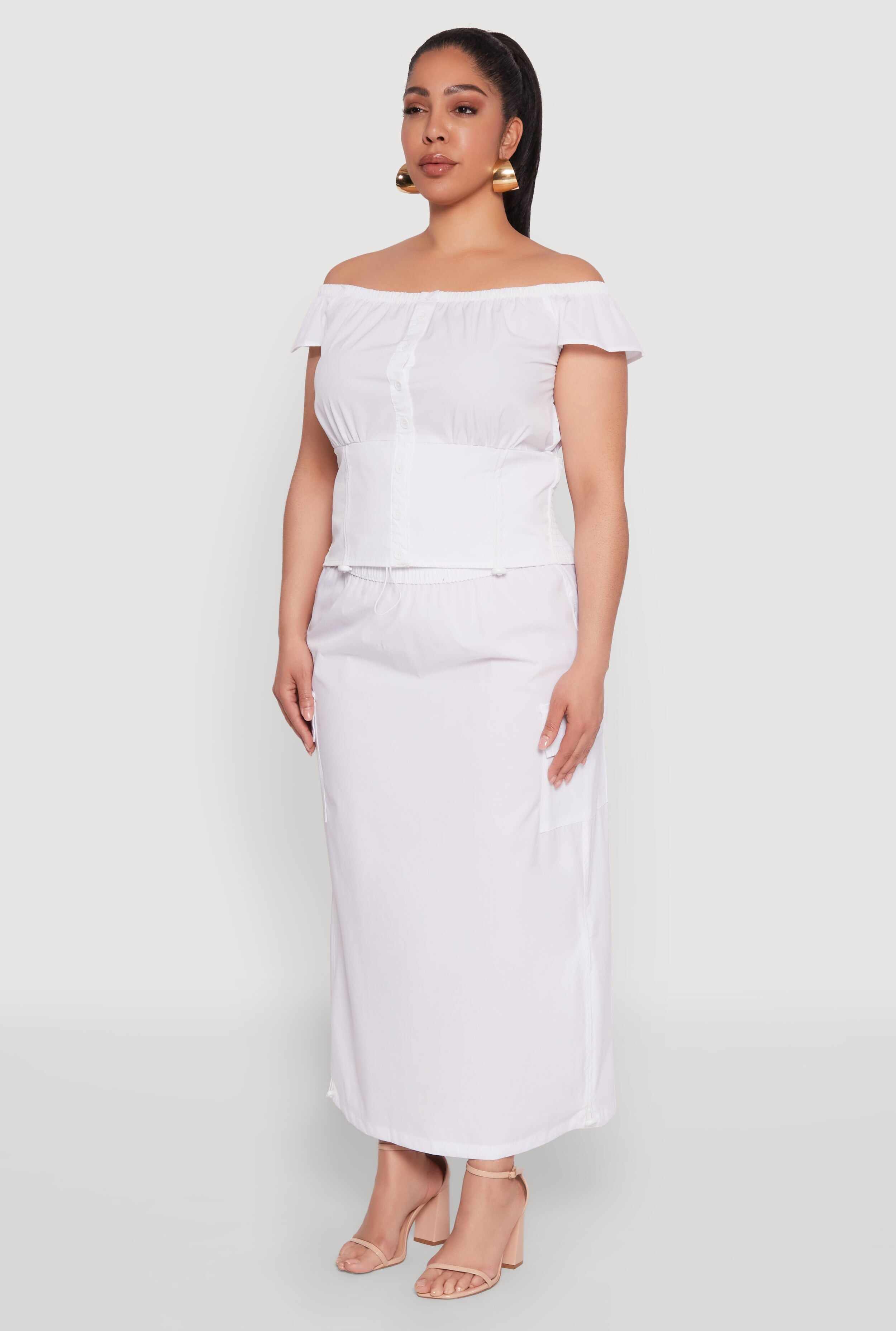 Plus Size Nylon Drawstring Cargo Maxi Skirt