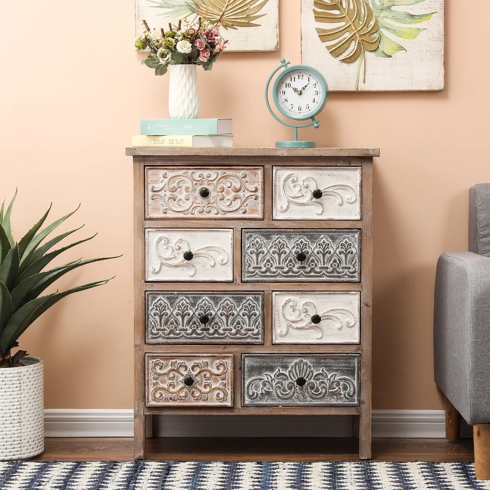 The Curated Nomad Brewa Varied Rustic Carved Wood 8-Drawer Chest - 32.09
