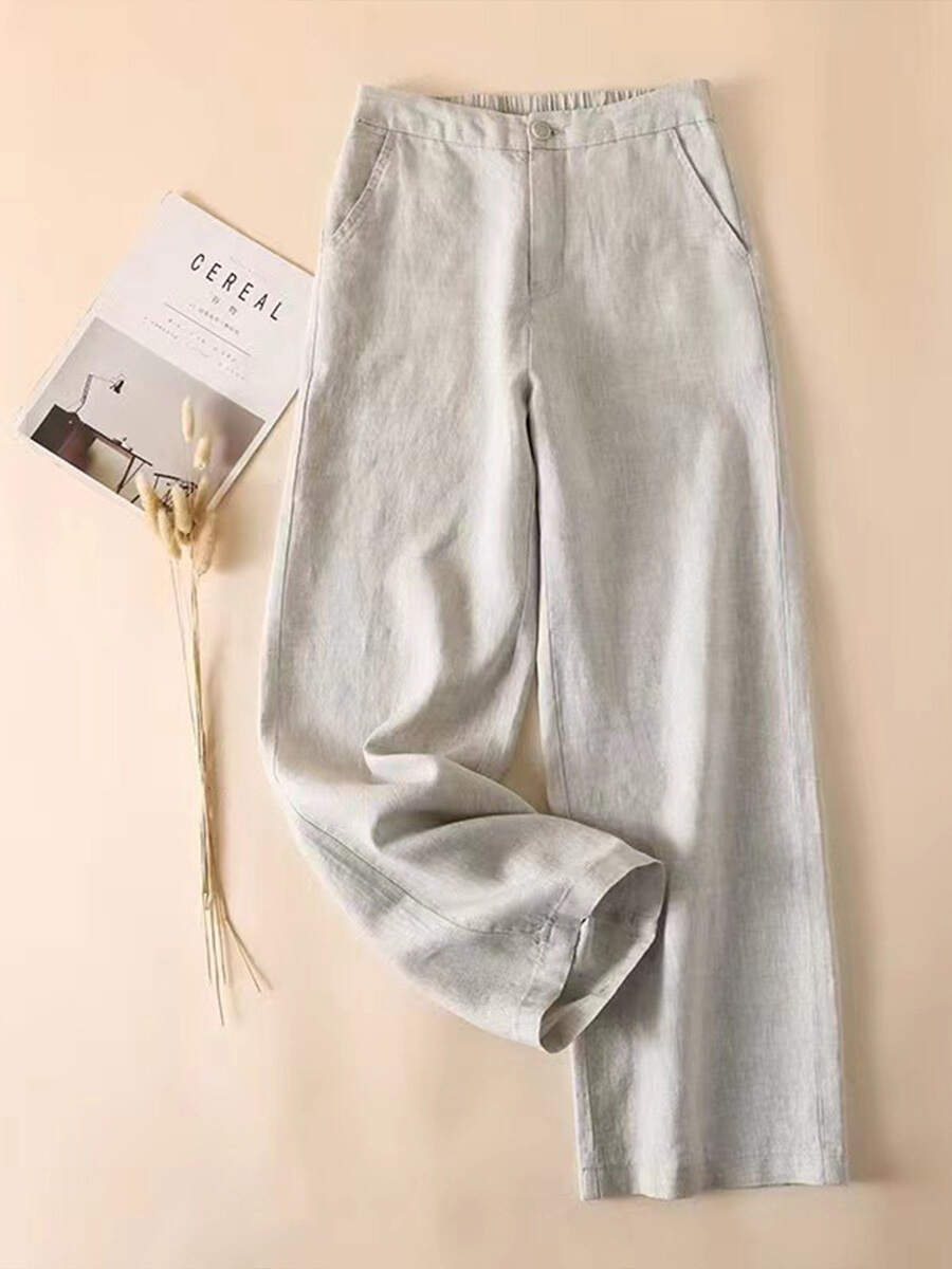 🔥Summer Arrivals🌟Women's Solid Color Half Elastic Waist Casual Cotton and Linen Wide Leg Pants