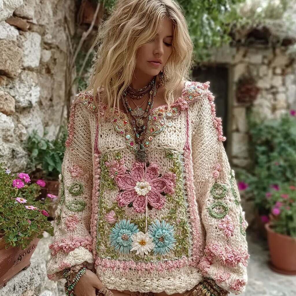 Women's Boho Floral Chunky Knit Small V-neck Sweater
