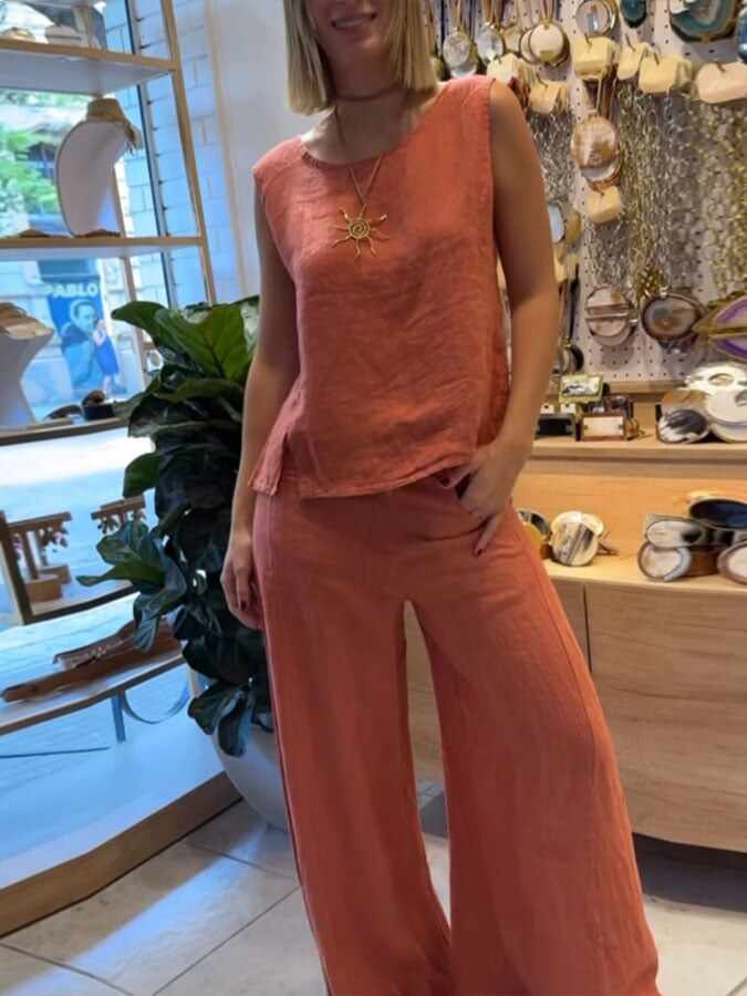 Women's Casual Solid Color Round Neck Vest Trousers Cotton and Linen Two-piece Set
