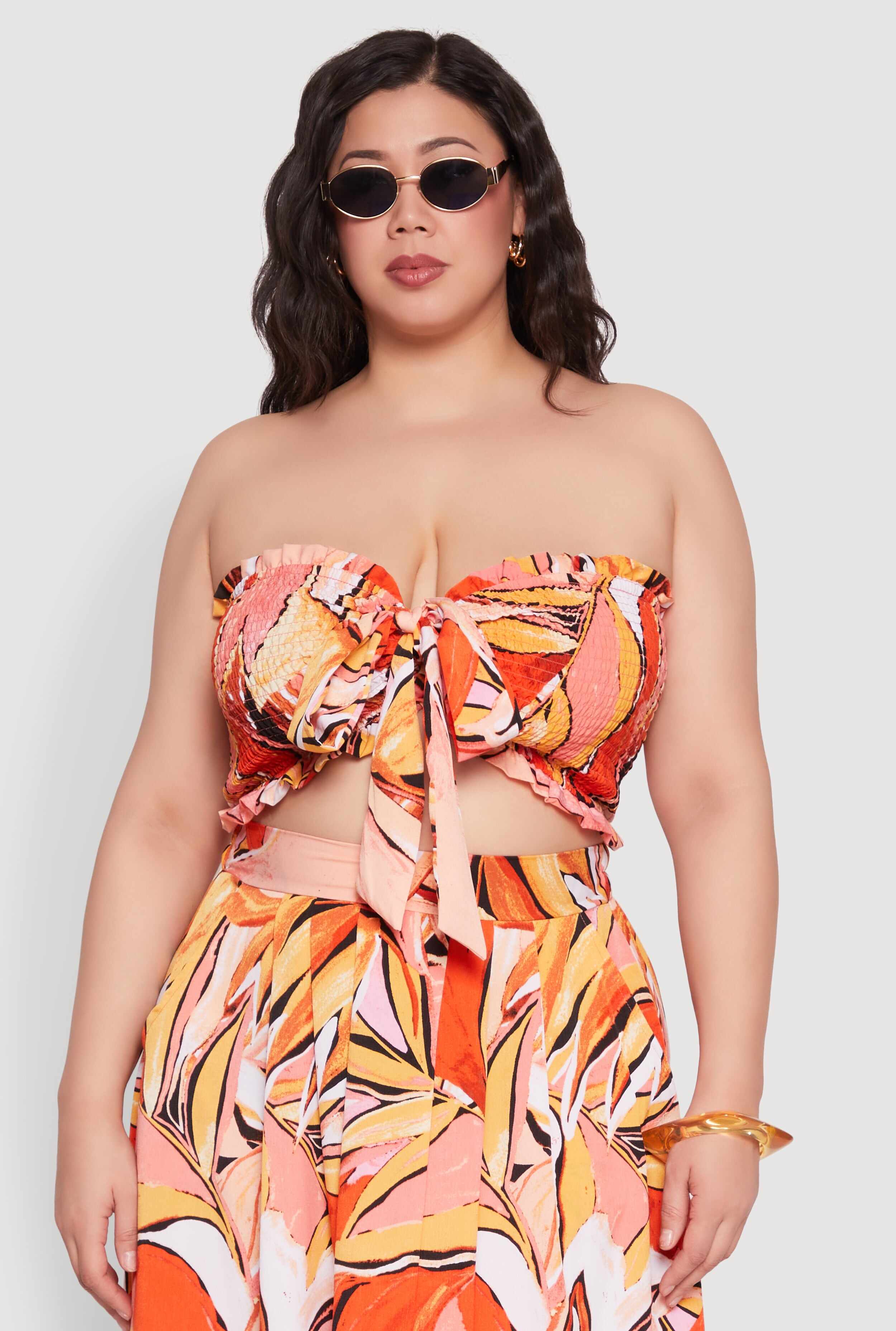 Plus Size Printed Pattern Tie Front Crop Top