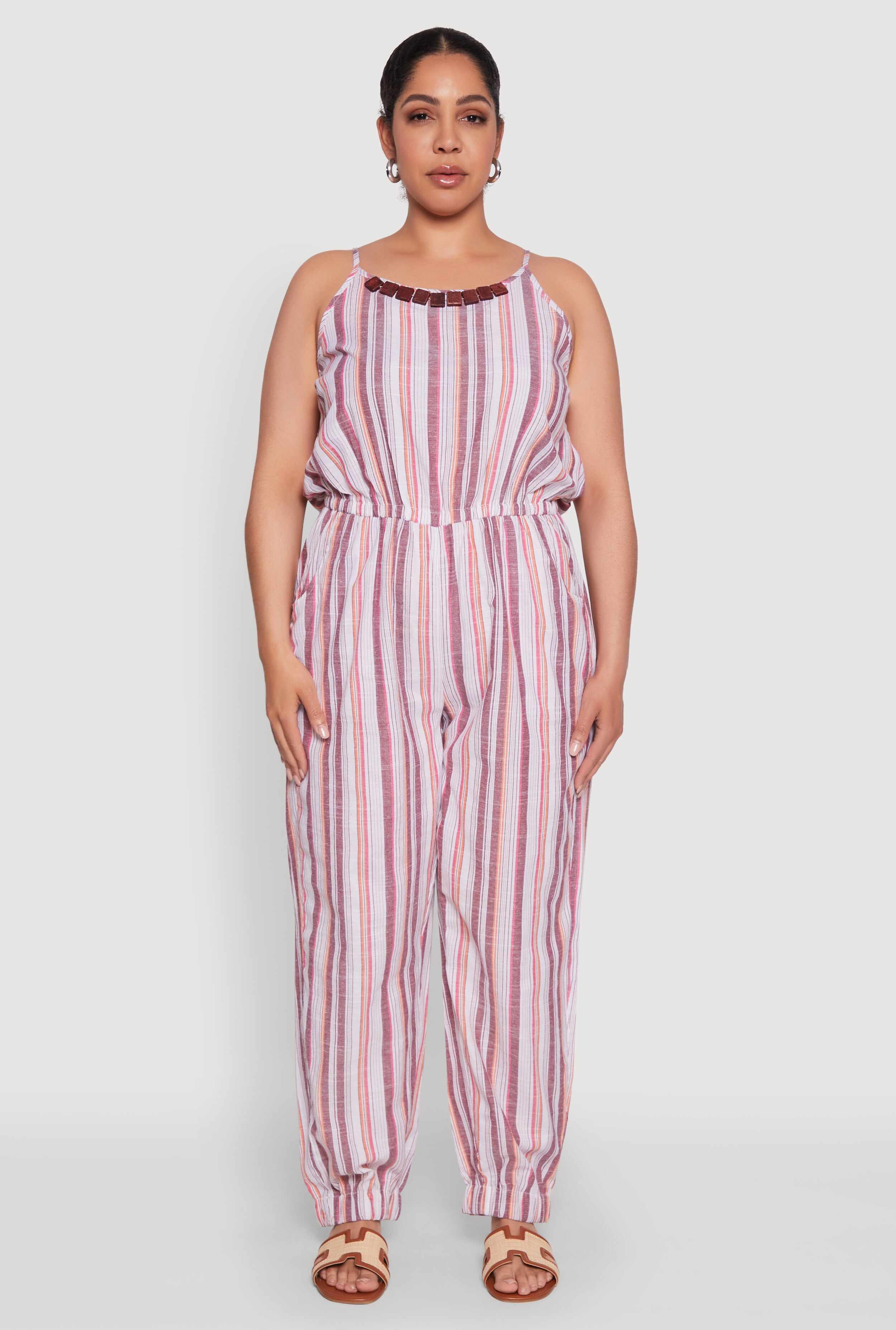 Plus Size Striped Wood Beaded Trim Jumpsuit