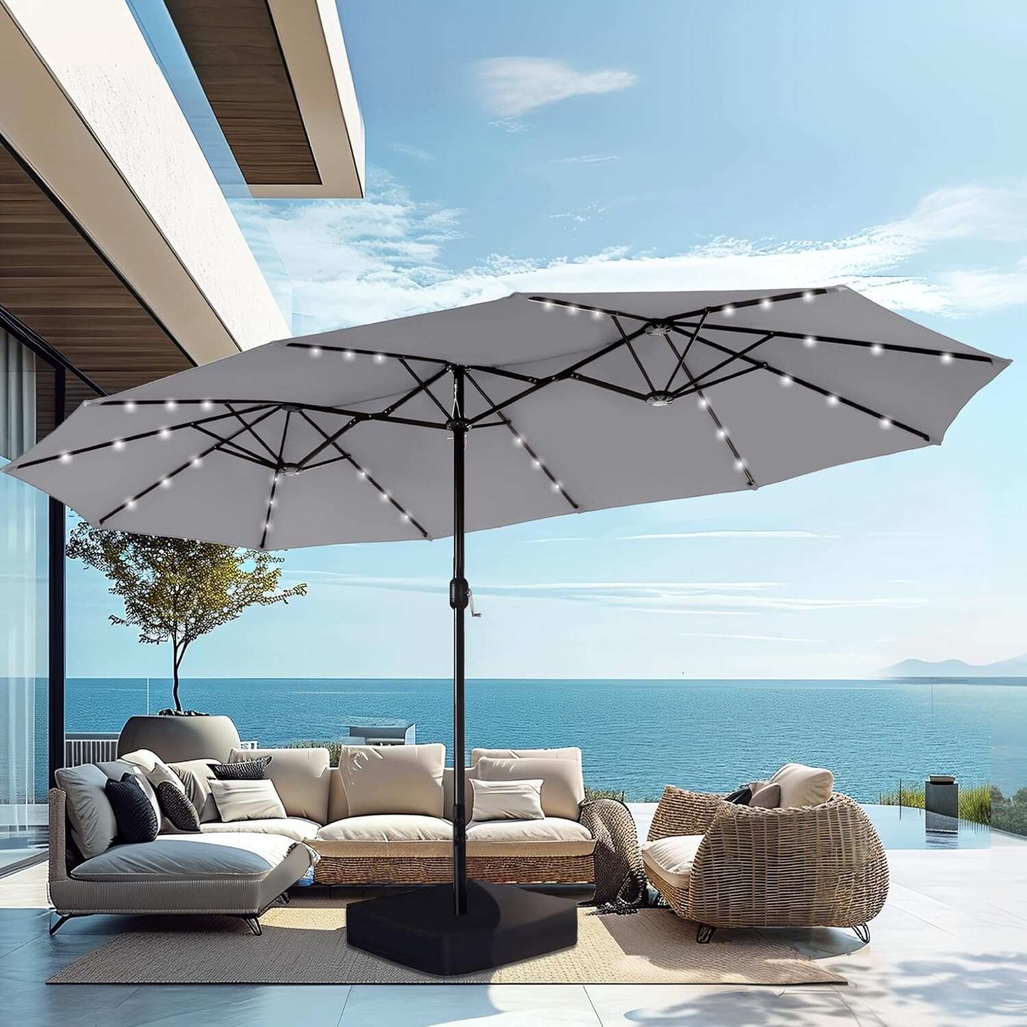 15ft Double-Sided Rectangular Patio Umbrella with Solar LED Lights & Base