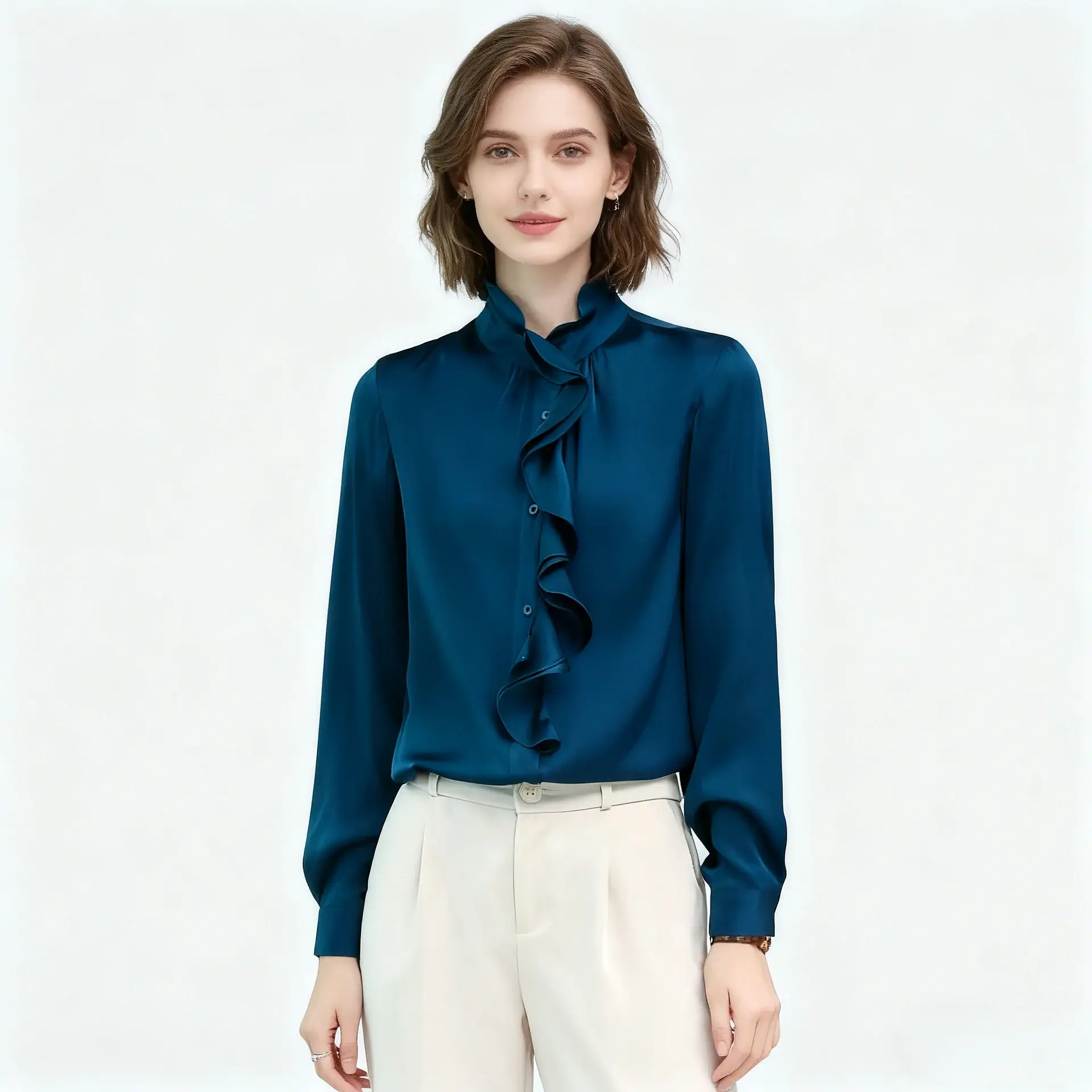 Ruffled Silk Blouse Solid Color