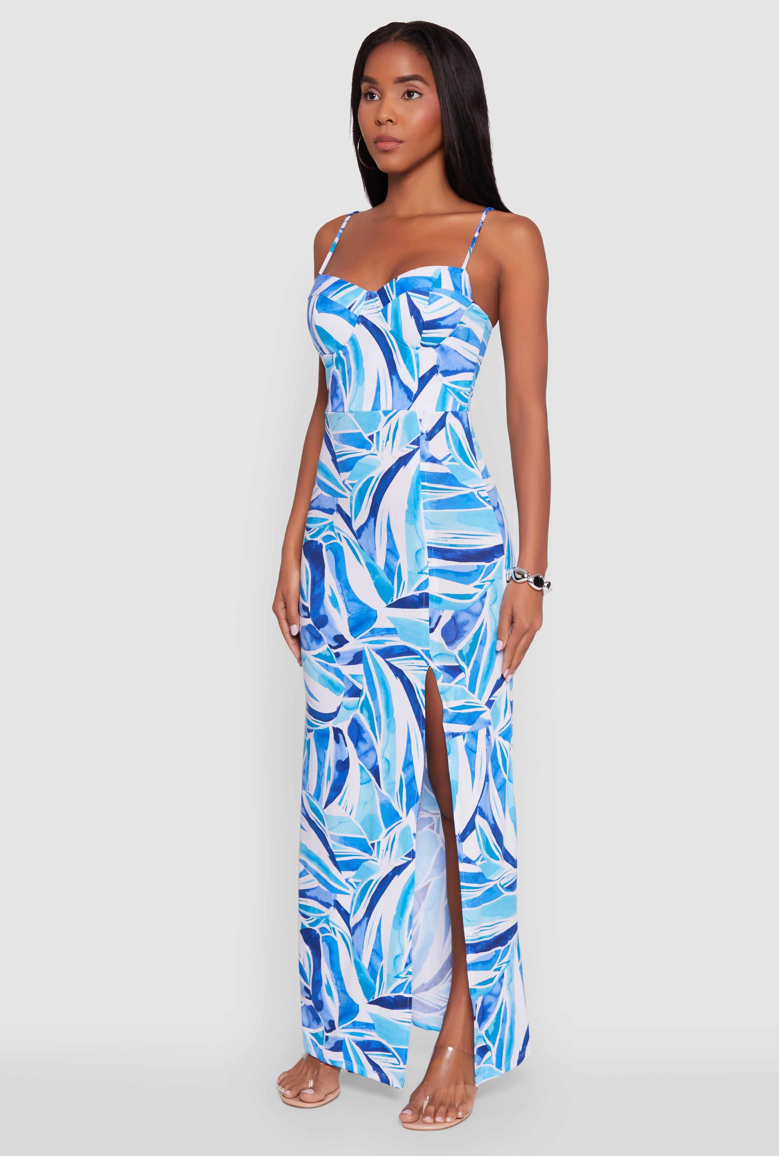 Sleeveless Printed Bustier Maxi Dress with Side Slit