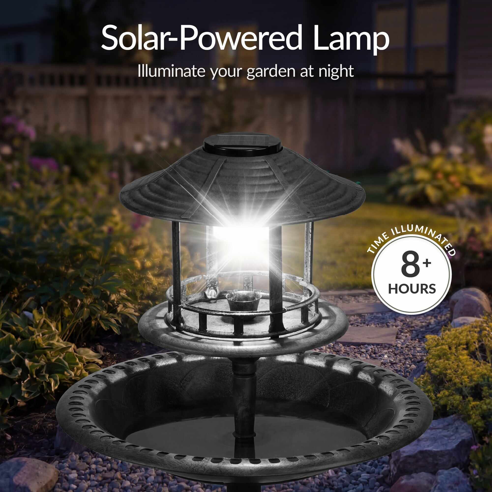 Solar Lighted Outdoor Pedestal Bird Bath w/ Planter, Decorative Bird Cage