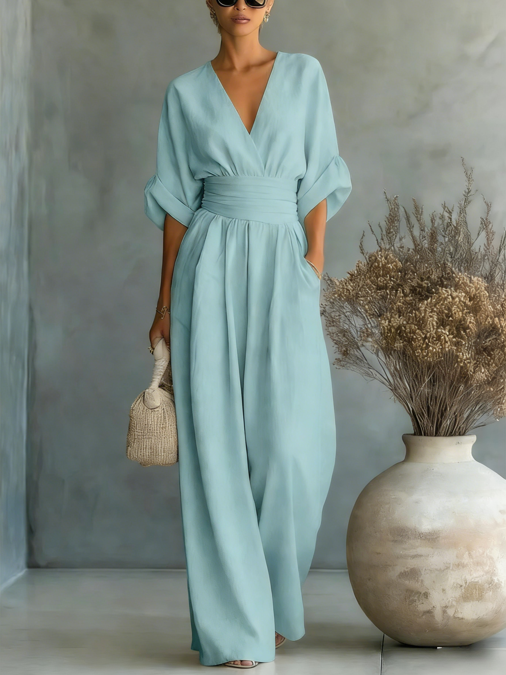 🔥Summer Arrivals🌟Elegant Vacation Casual Fashion V-neck Waist Jumpsuit
