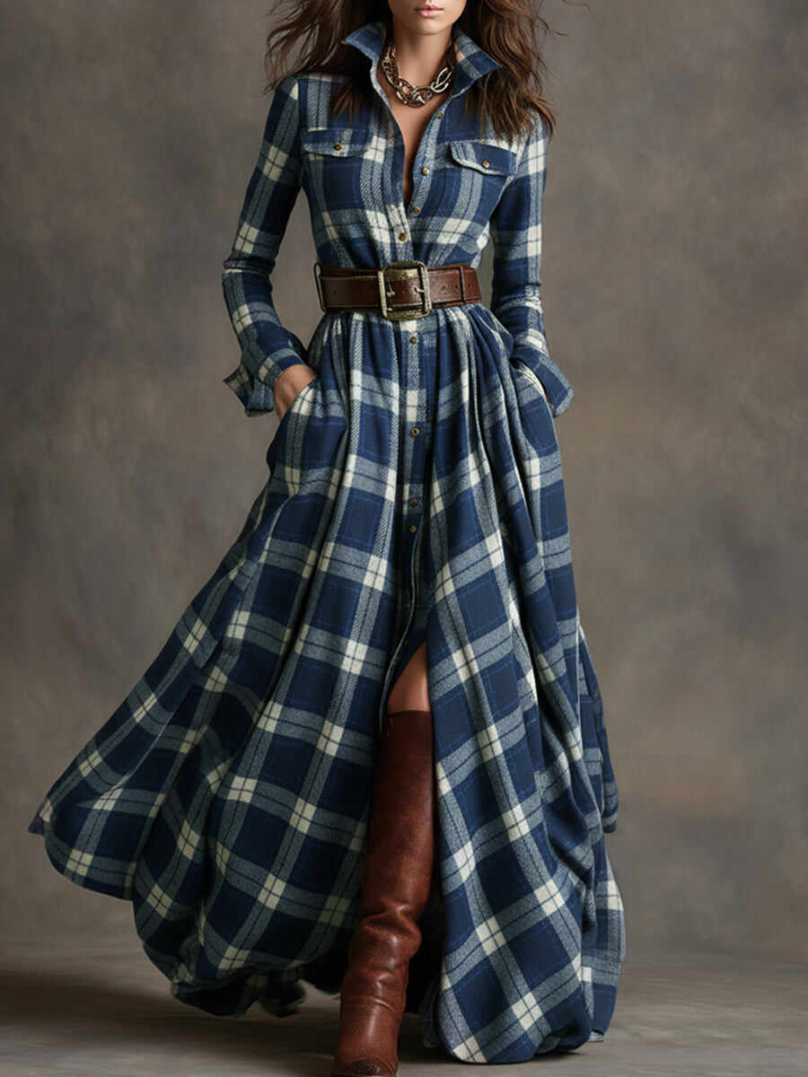 Retro Ethnic Style Lapel Reddish Brown Plaid Maxi Dress