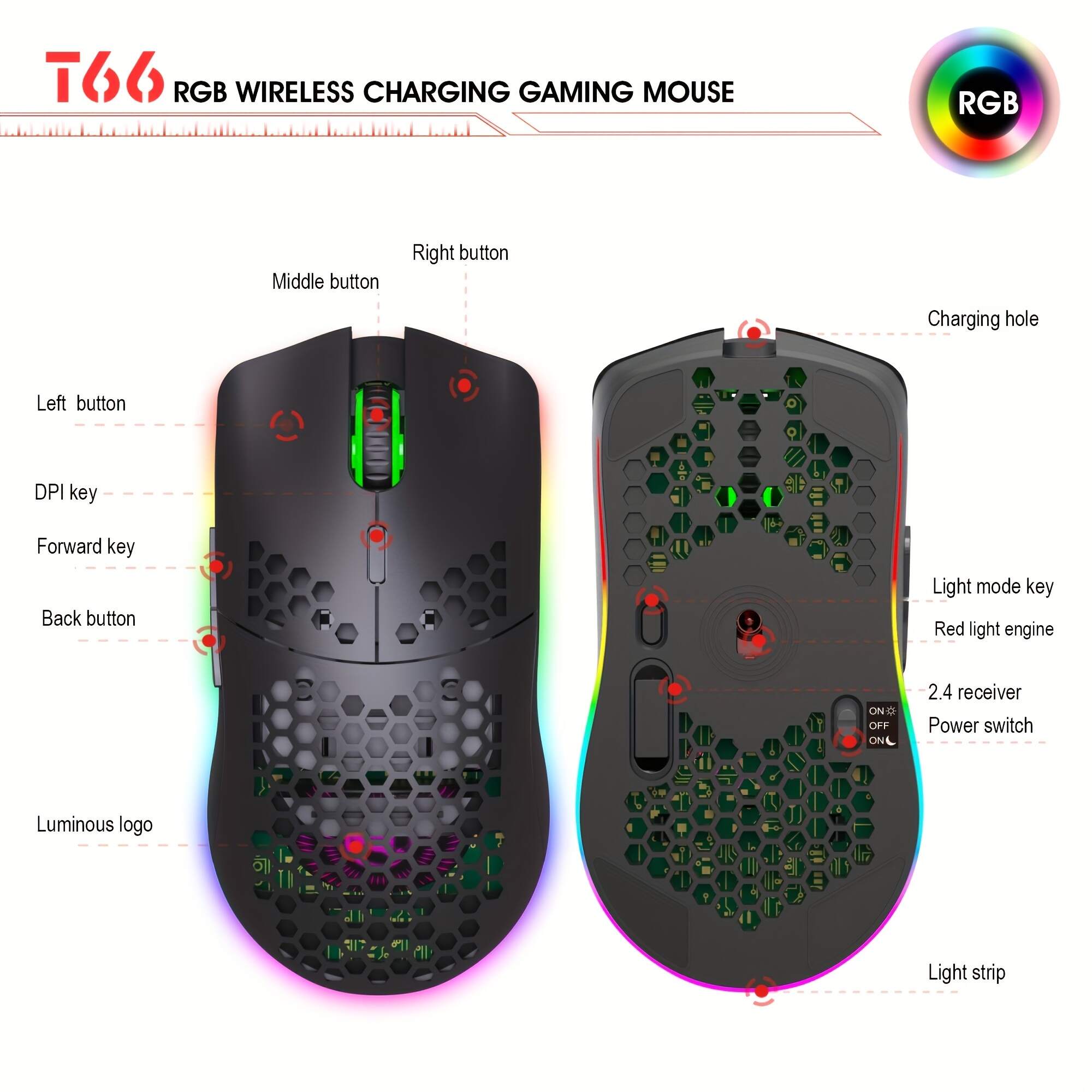 RGB Wireless Gaming Mouse,Ultra-Lightweight Honeycomb Shell Mice With 2.4G Wireless Rechargeable,RGB Spectrum Backlit,7 Buttons,3200DPI,Ergonomic Long Battery Life For PC,PS4 Gamers