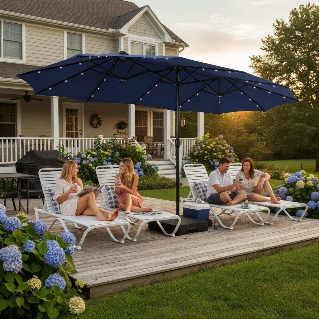 15ft Double-Sided Rectangular Patio Umbrella with Solar LED Lights & Base