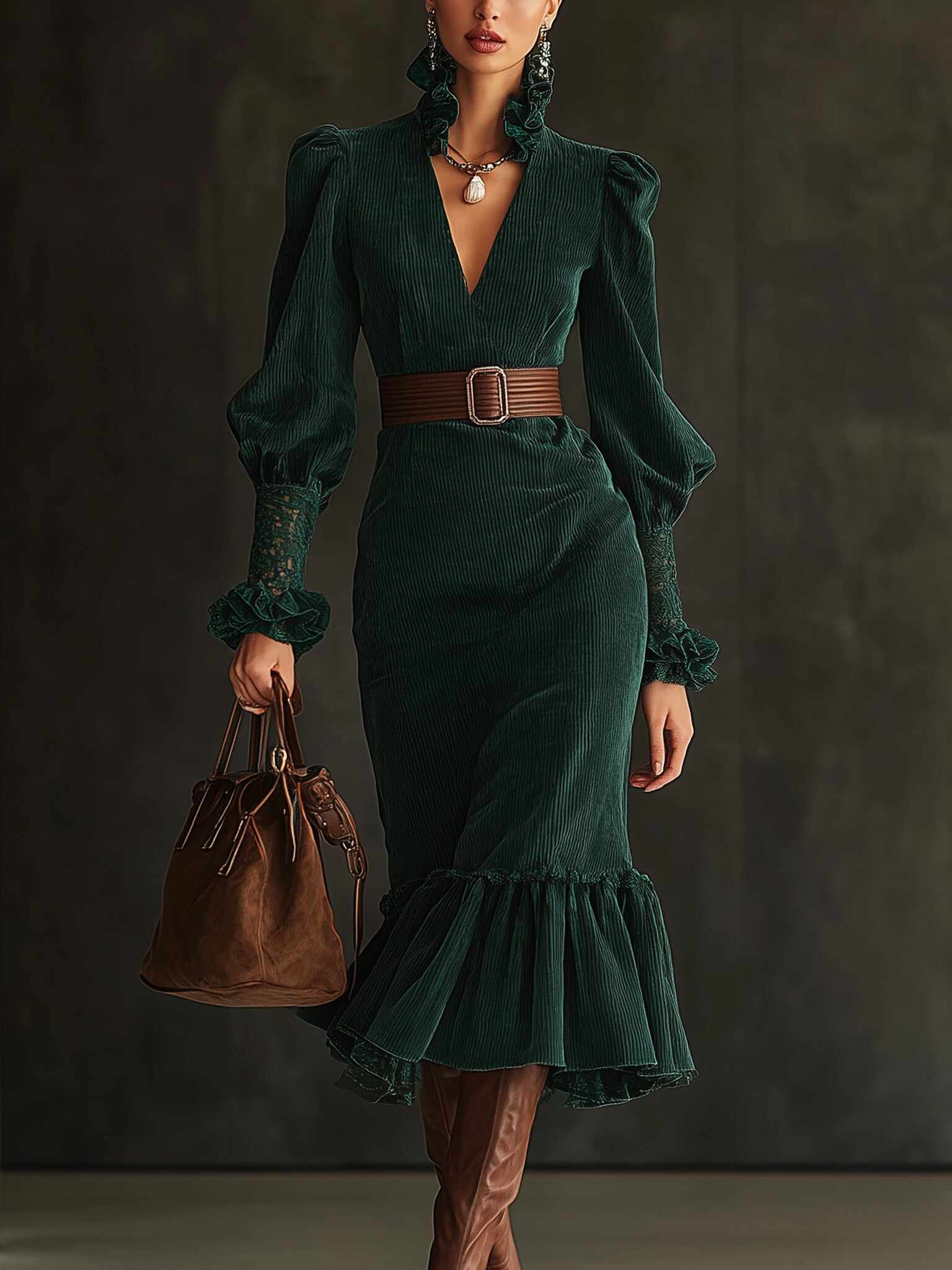 Green Corduroy Lace Trimmed Belted Midi Dress