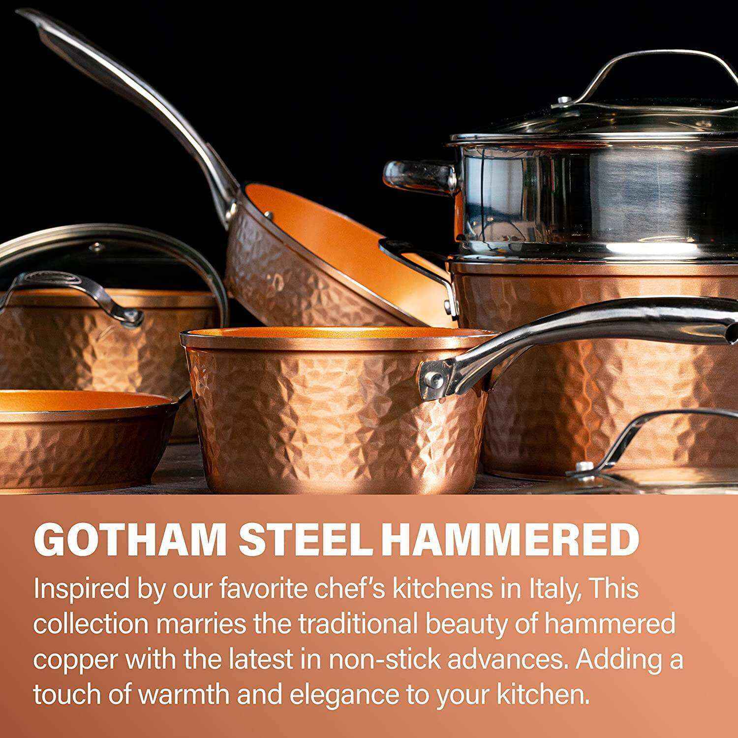 Steel Hammered Pots and Pans Set Nonstick, 15 Pc Elegant Kitchen Cookware Set & Bakeware Set, Ultra Durable Pots and Pans for Cooking with Nonstick Ceramic Coating, Dishwasher Safe, Toxin Free