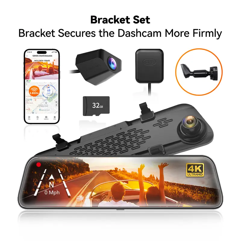 12 Inch Smart Rearview Mirror Dash Cam, 4K Front & Rear Dual Camera with Backup Camera, 5.8GHz WiFi, Night Vision, GPS & 32GB Card for Car & Truck