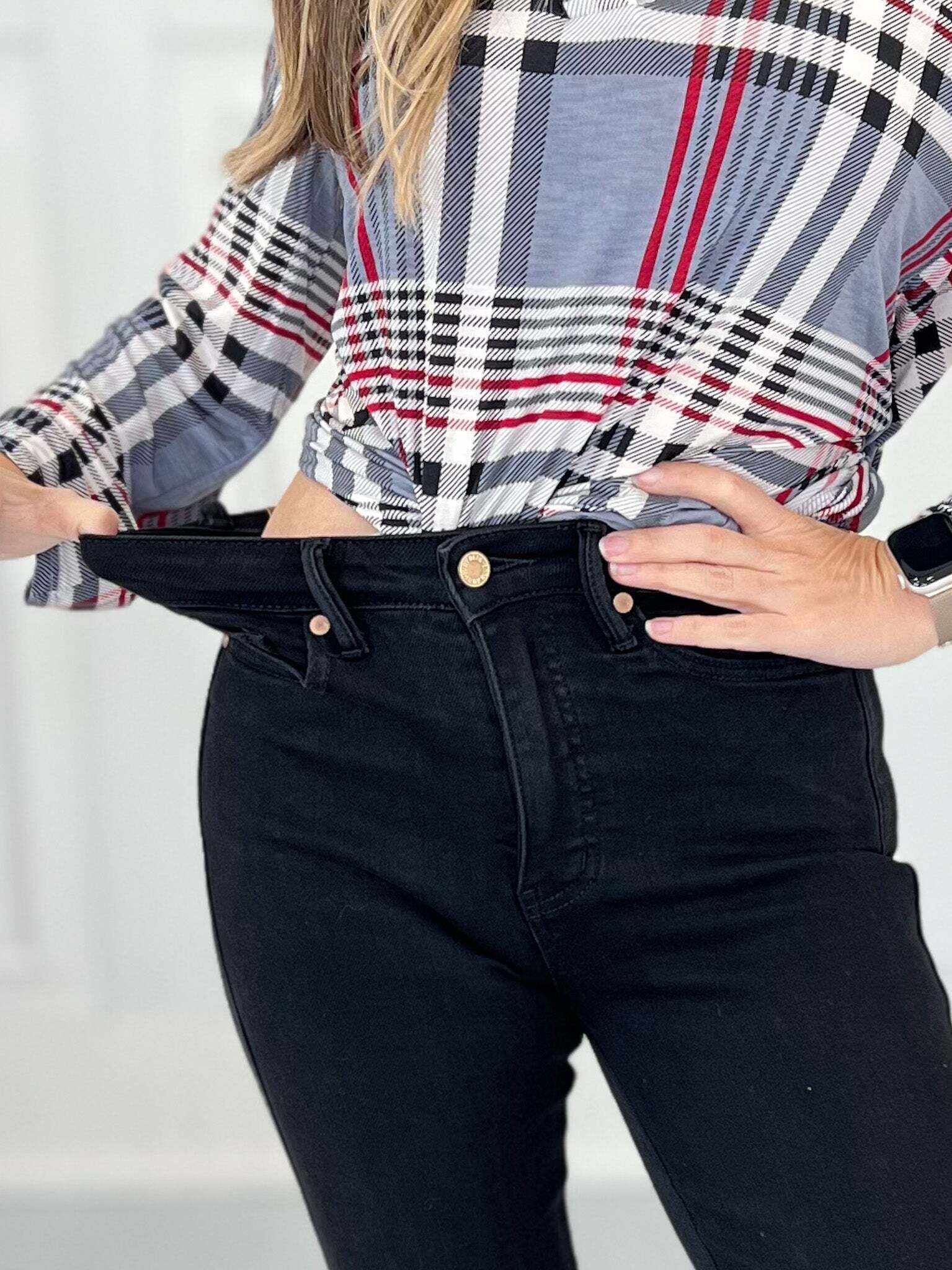 Christmas Tummy Control Cut Hem Flare Jeans- Final Sale