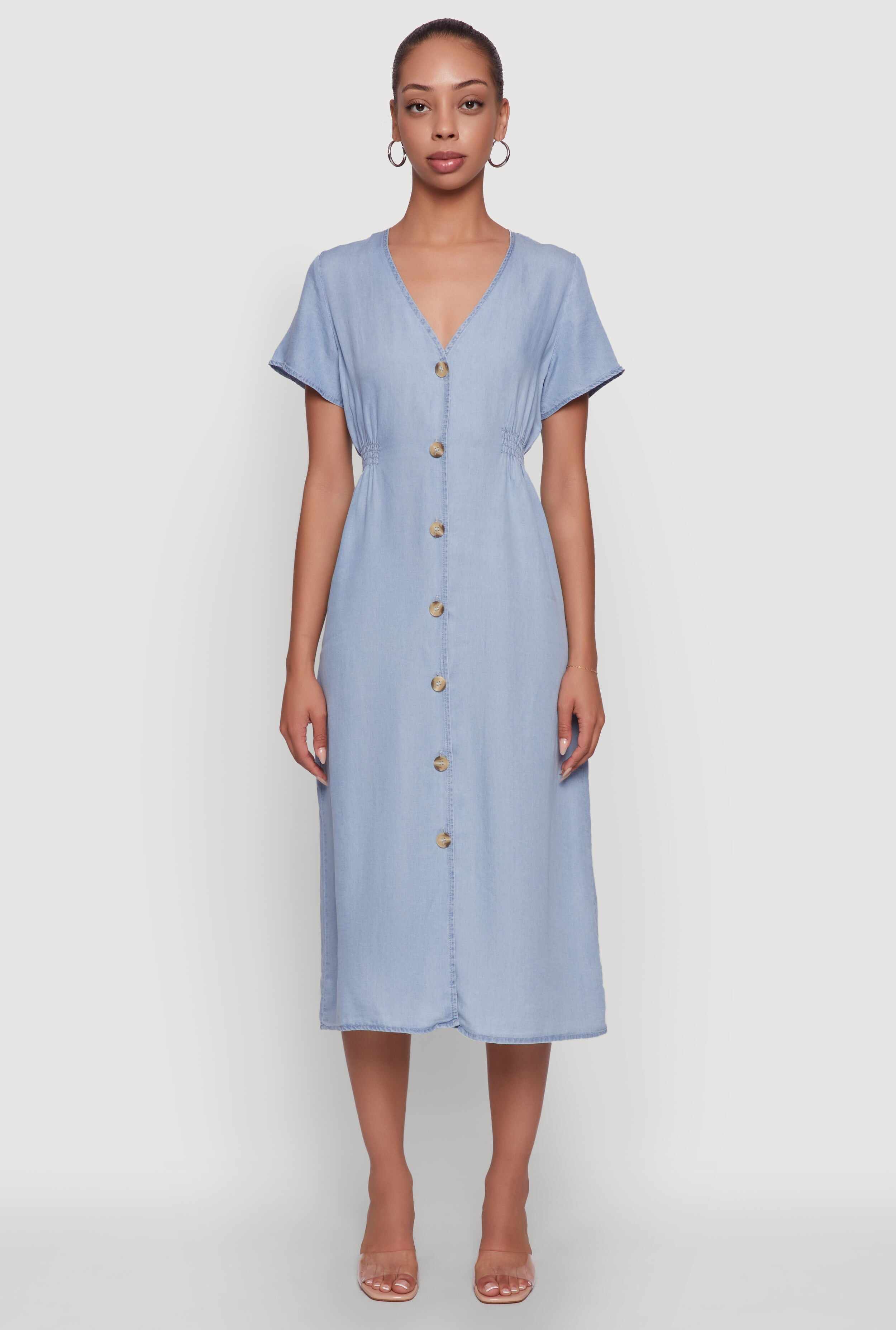 Chic Short Sleeve V-Neck Shirt Dress with Button Front