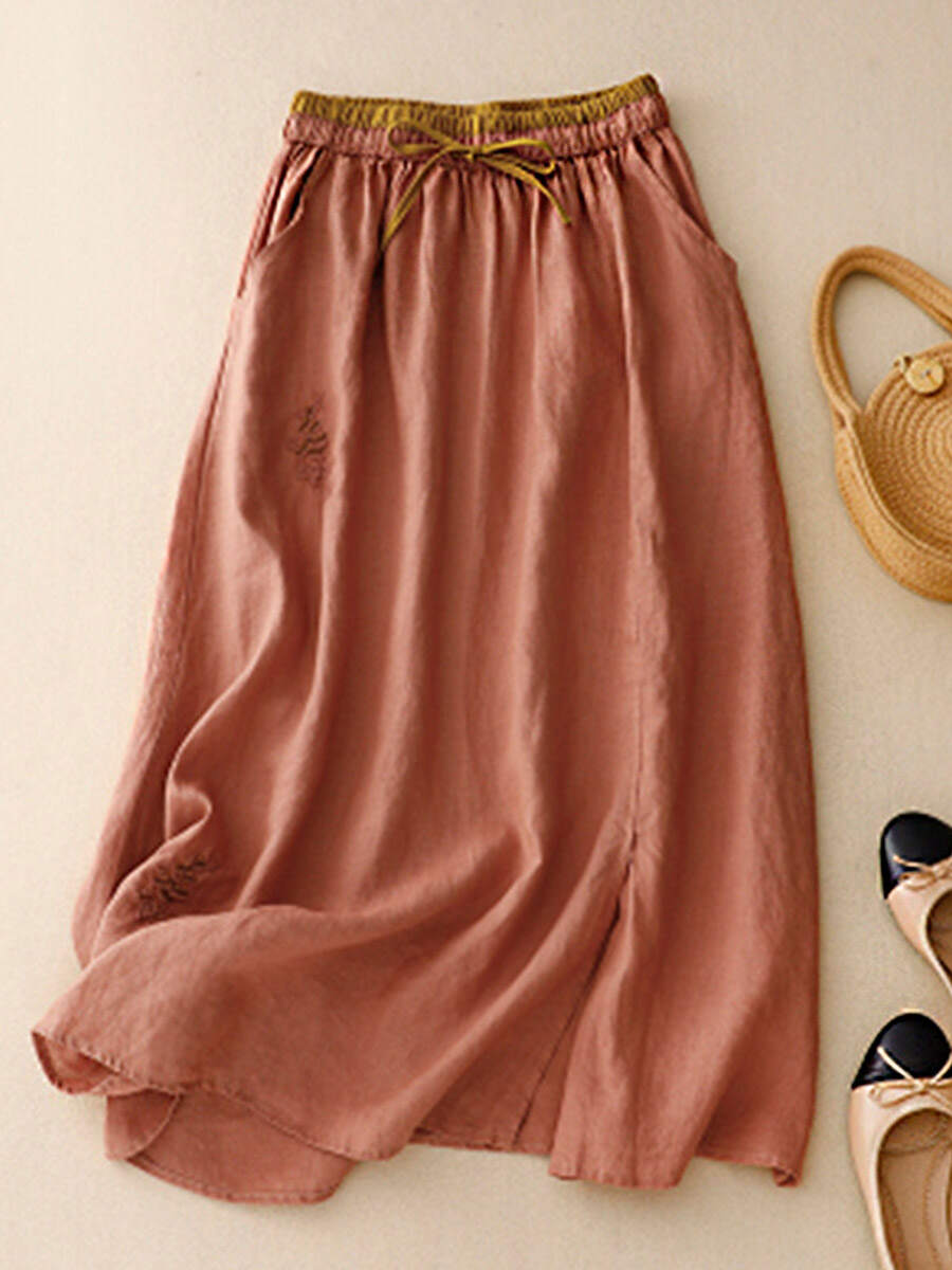 🔥Summer Arrivals🌟Women's Artistic Embroidery Elastic Waist Colorblock A-Line Loose Linen Skirt