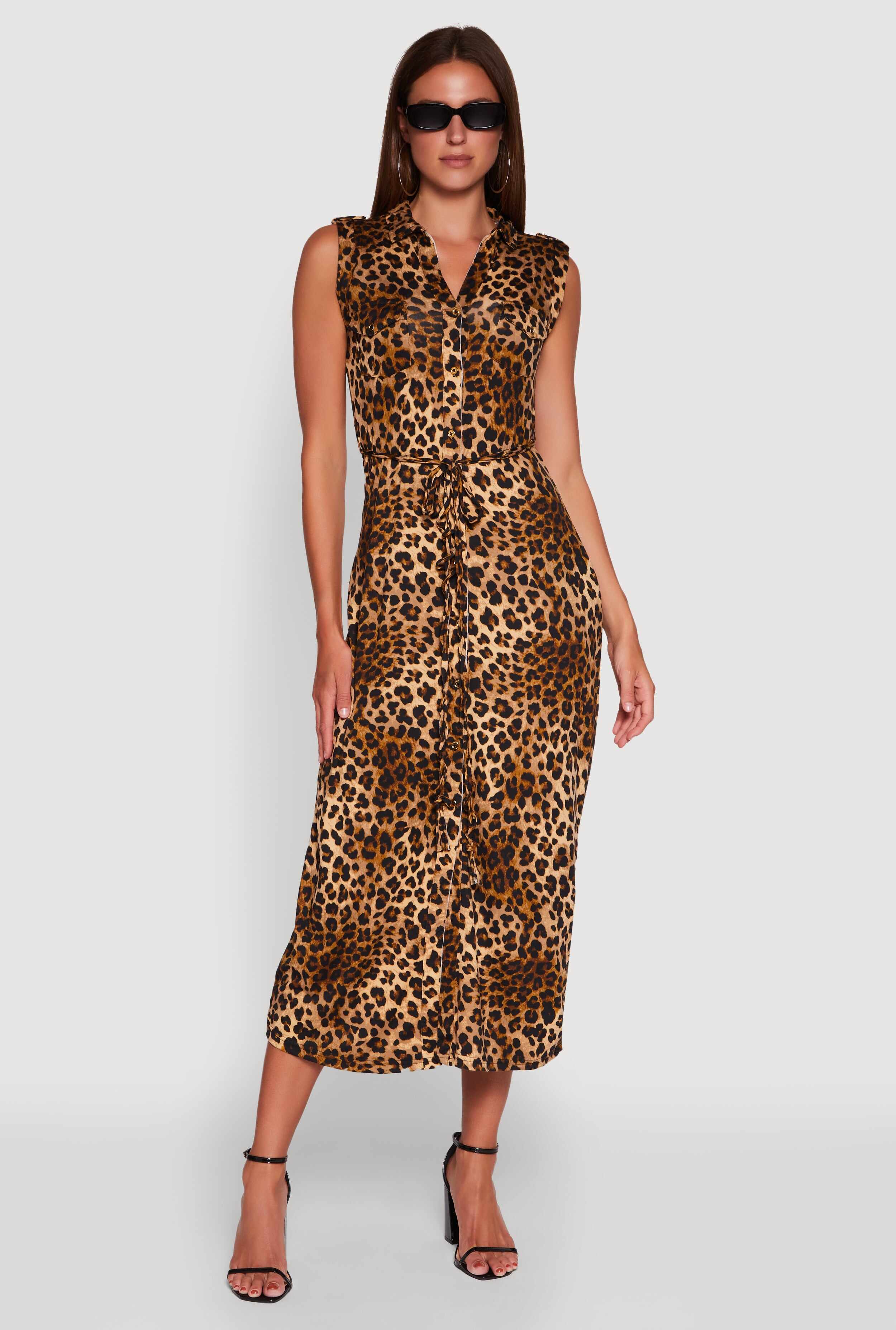 Patterned Button Front Sleeveless Maxi Shirt Dress