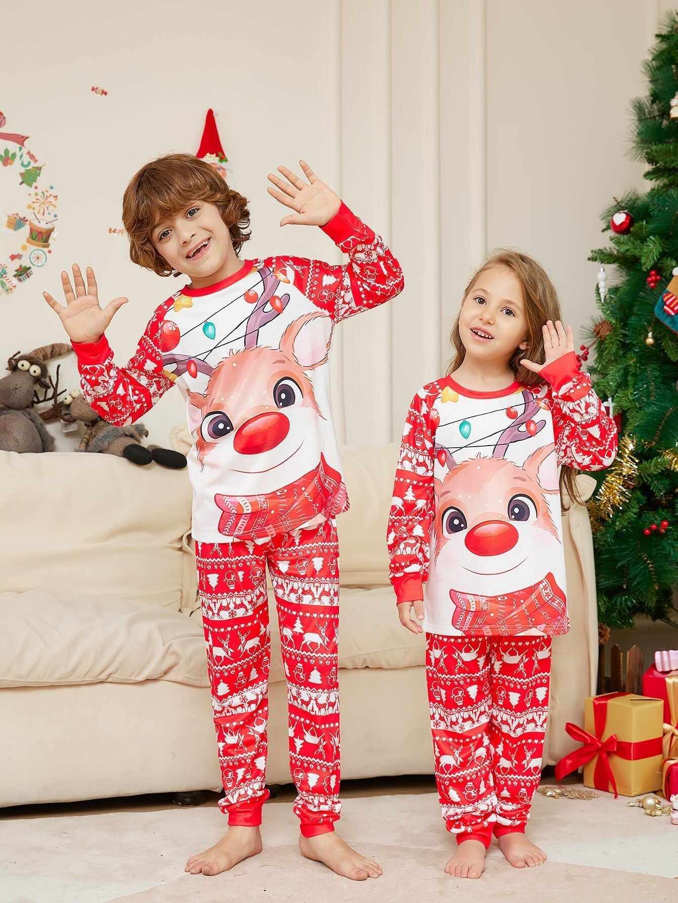 Family Matching Fawn Print Round Christmas Pajama Set