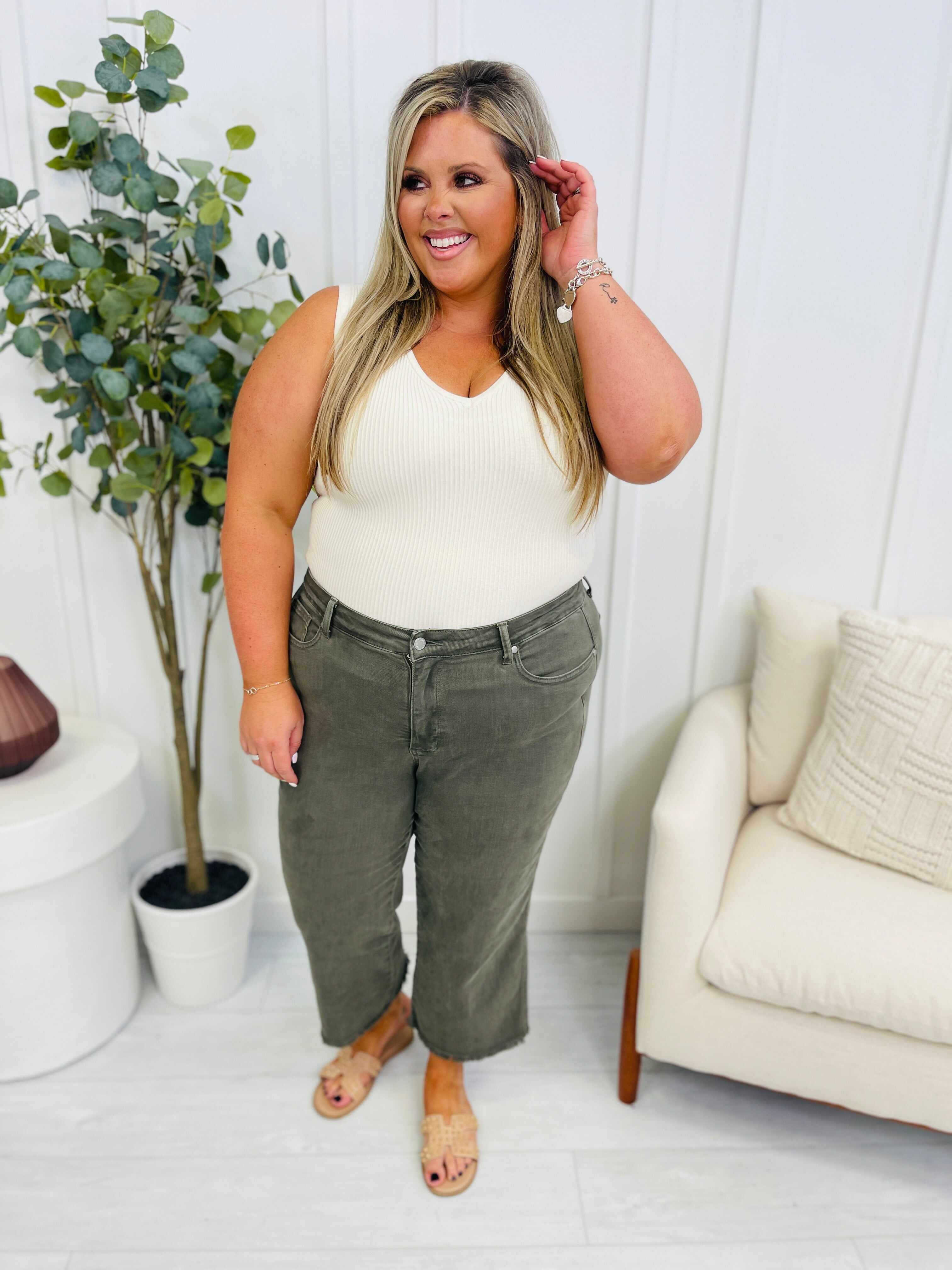 REG/CURVY Olive You Tummy Control Garment Dyed Wide Leg Cropped Jeans