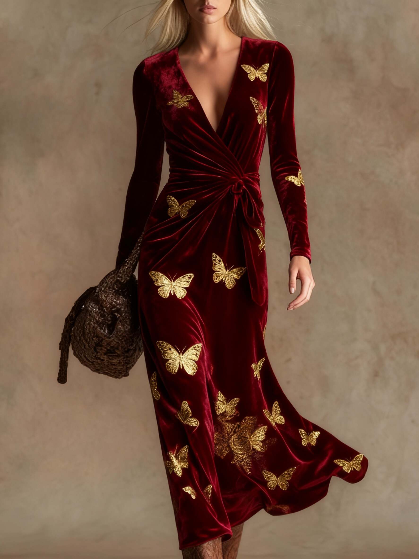Elegant vintage print V-neck velvet maxi dress