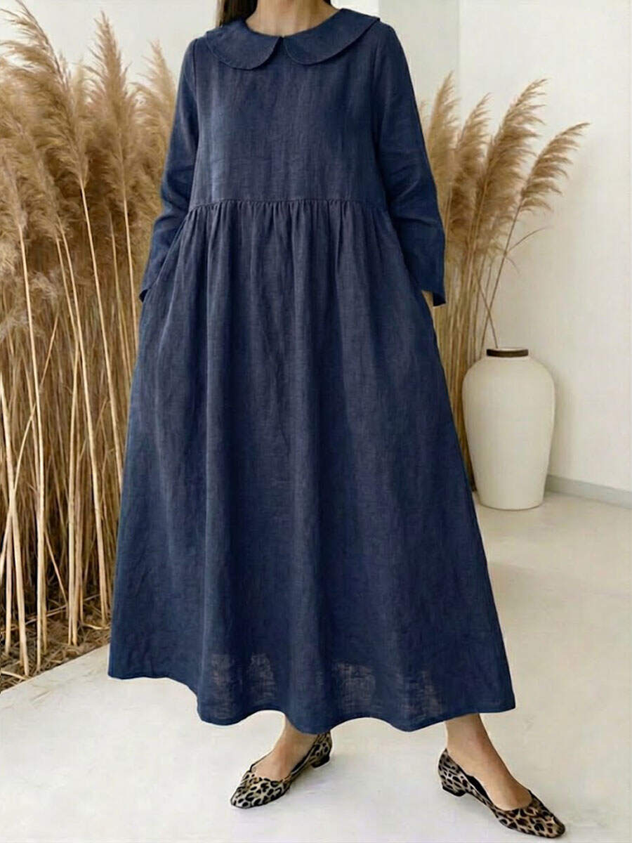 🔥Summer Arrivals🌟Women's solid color Peter Pan collar long-sleeved casual loose cotton and linen dress