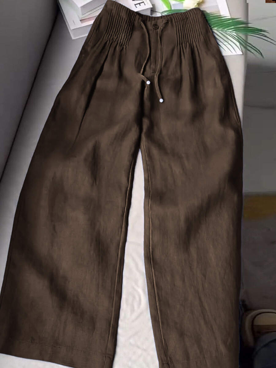 🔥Summer Arrivals🌟Women's Solid Color Pleated Drawstring Casual Cotton and Linen Wide Leg Pants