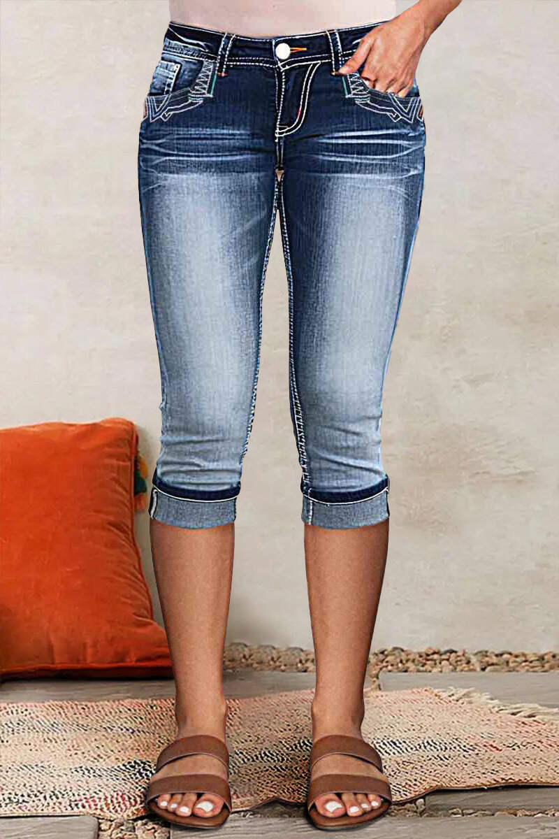 Embroidered Wash High Stretch Low Waist Capri Jeans