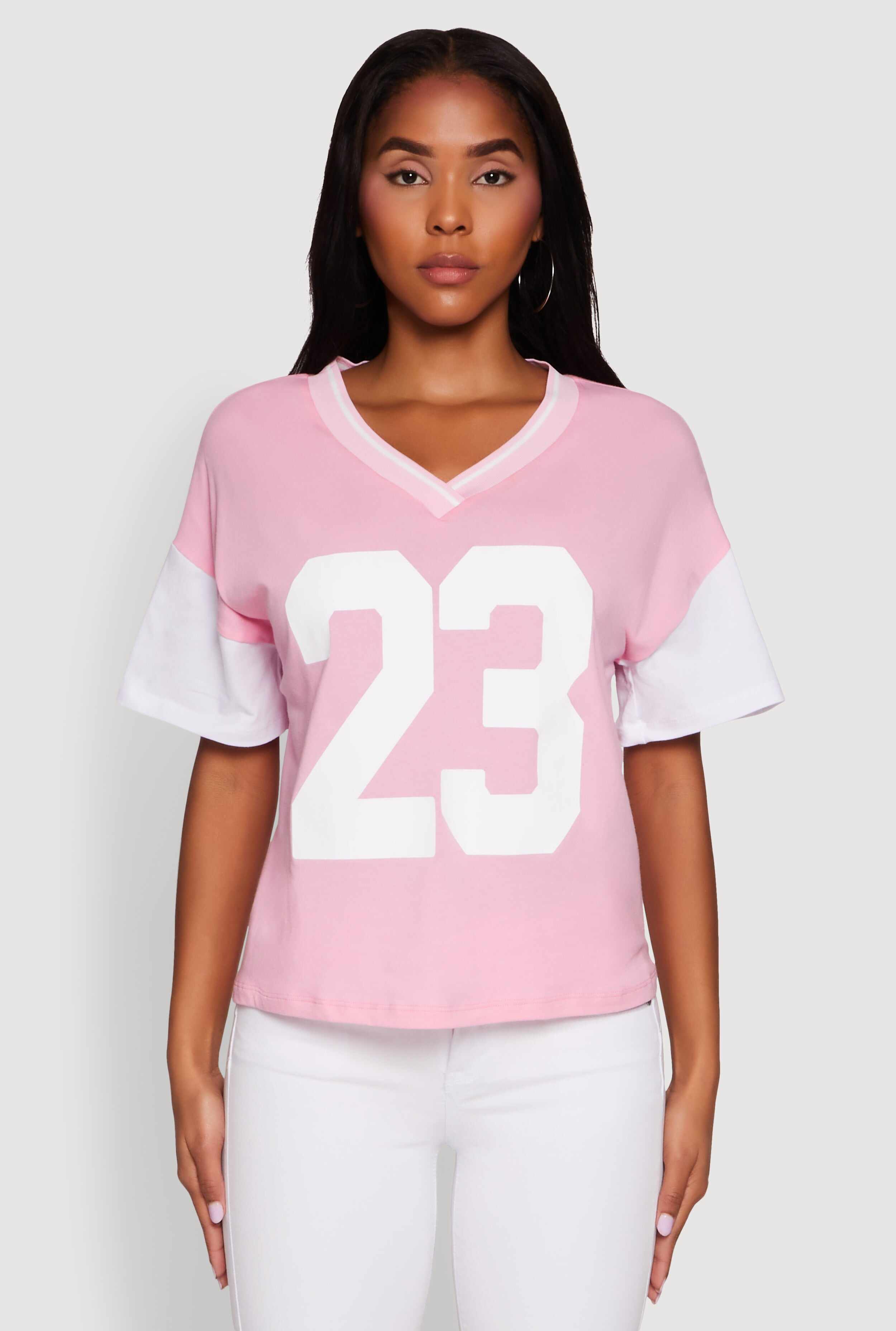 Trendy 23 Graphic V Neck Baseball Tee