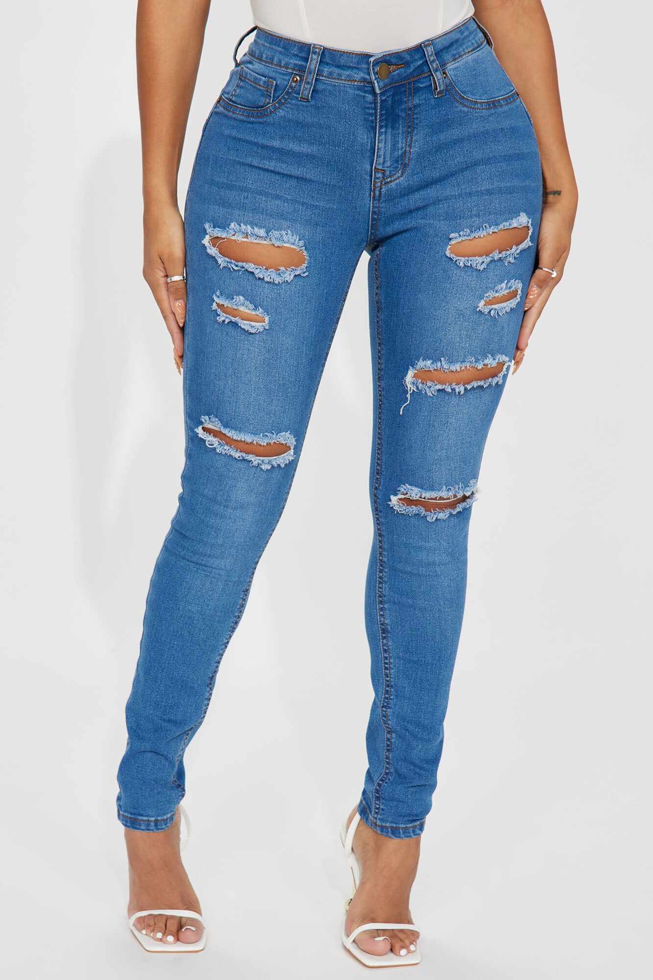 Sydney Booty Lifting Ripped Mid Rise Stretch Skinny Jeans - Medium Wash
