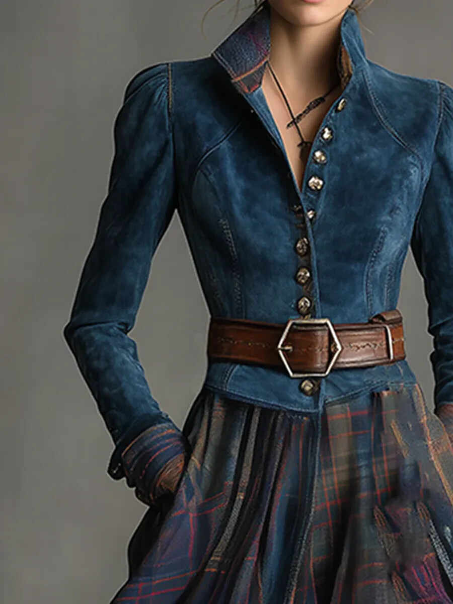Retro Ethnic Style Blue Faux Suede Plaid Maxi Dress(Includes belt)
