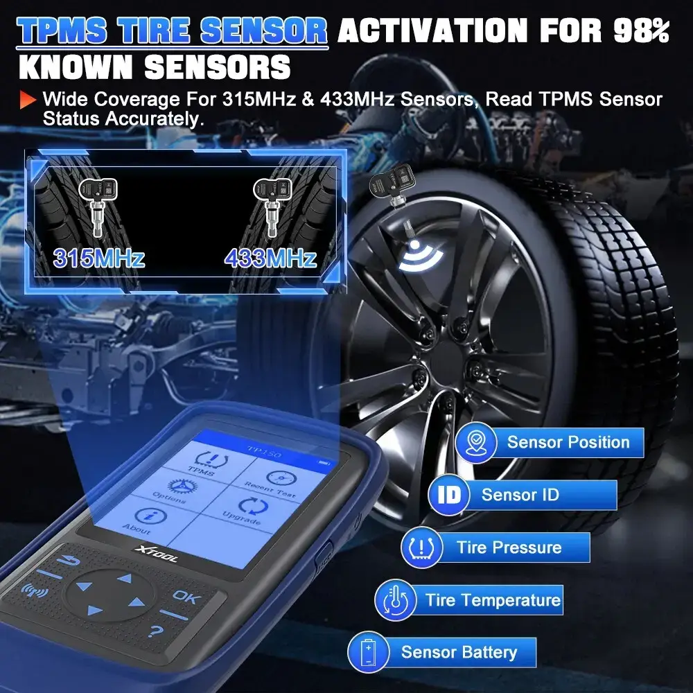 TP150 TPMS Programming Tool, 2026 TPMS Relearn Tool, Activate/Relearn/Diagnosis All Known TPMS Sensors, Program TS100 Sensors (315/433MHz), TPMS Reset Tool TPMS Programmer