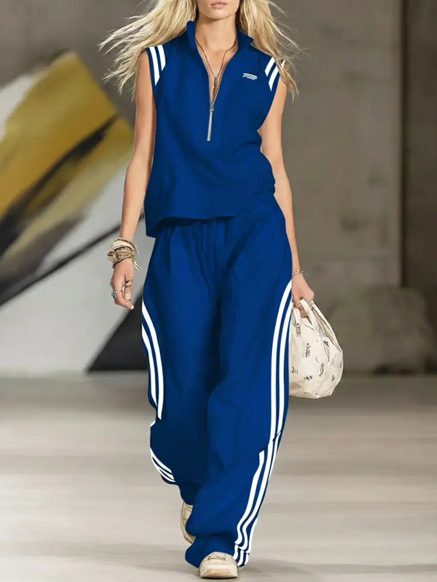 🔥Summer Arrivals🌟Women's Casual Patchwork Striped Zip-up Top And Pants Two-piece Set