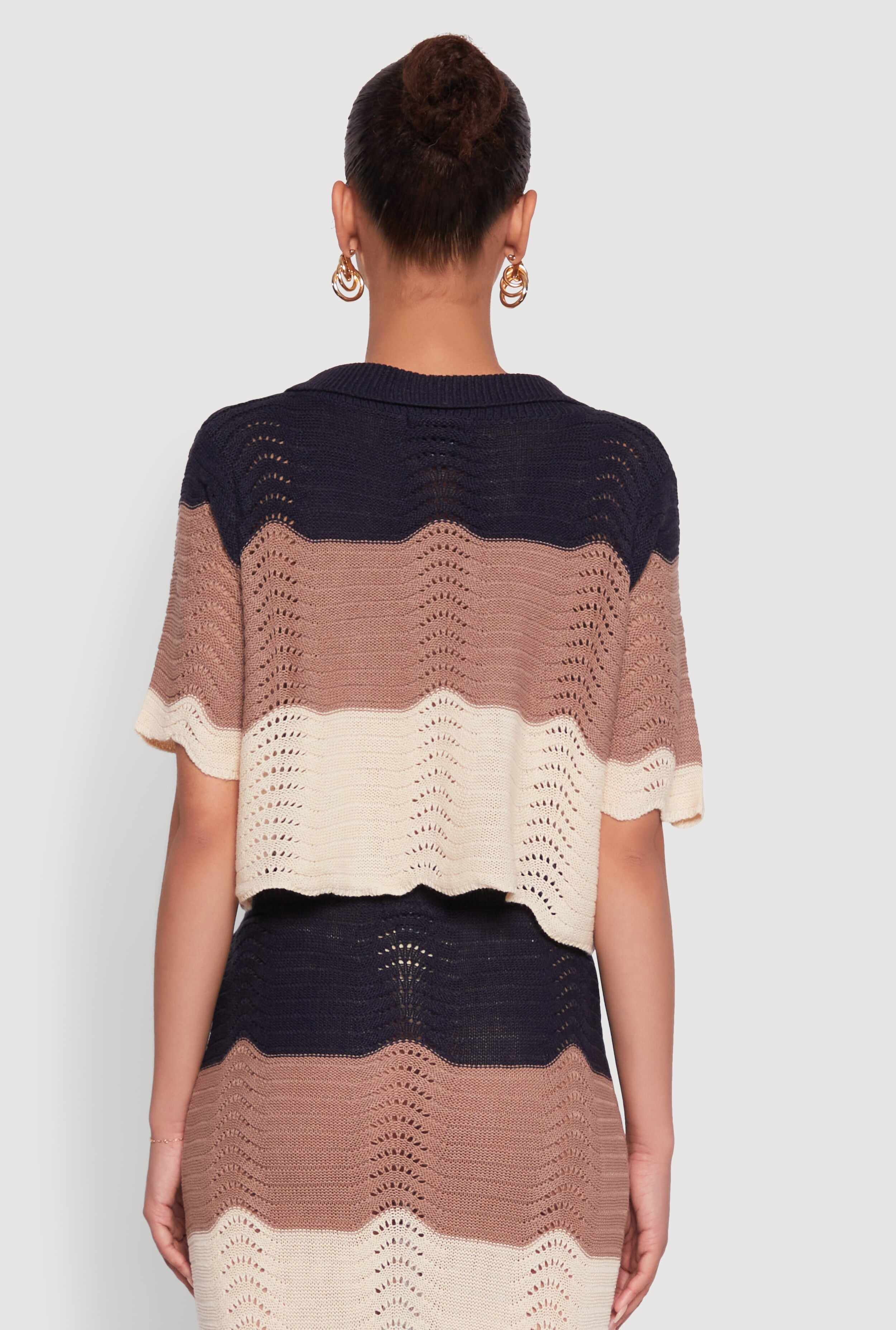 Chic Crocheted Striped Button Front Cardigan