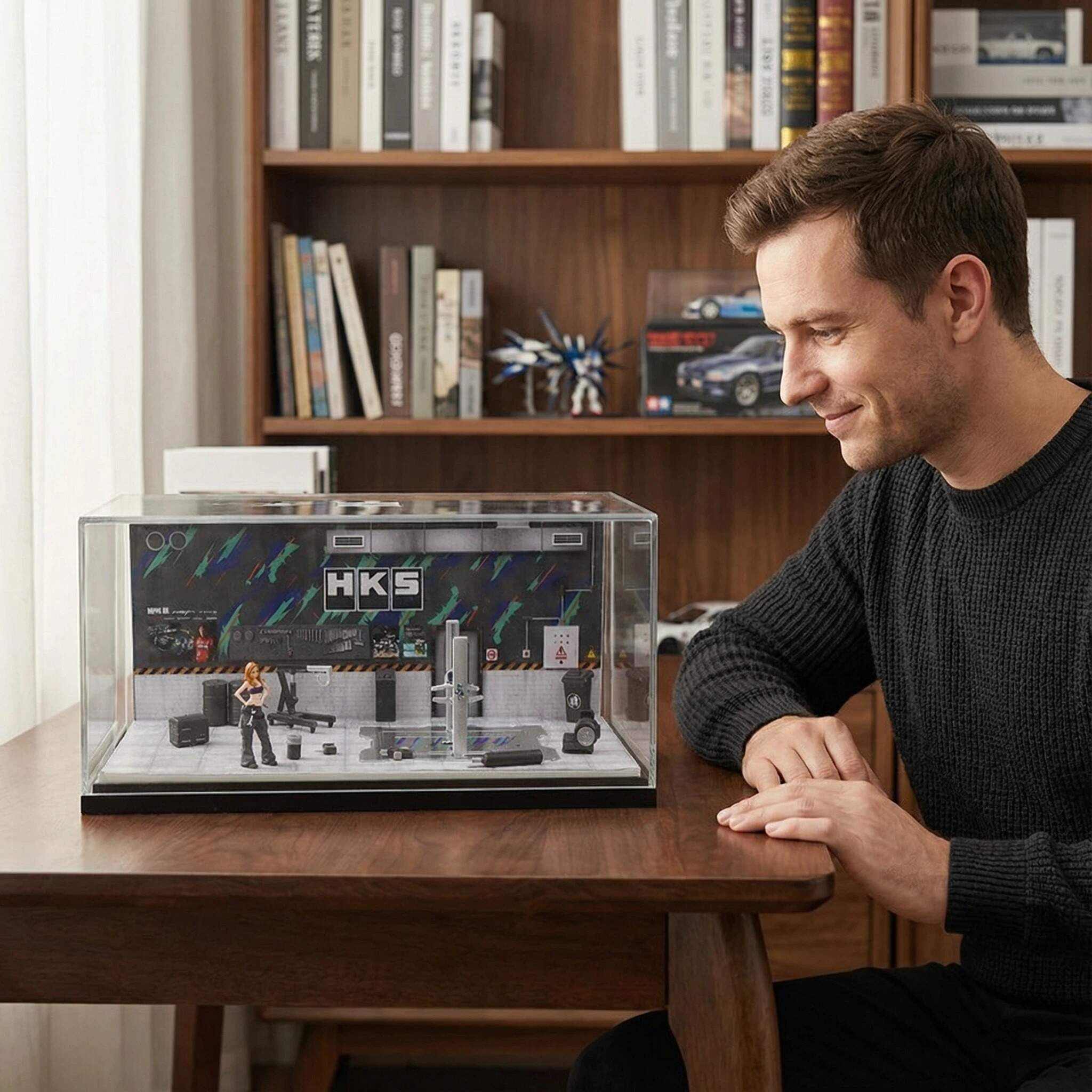 1:64 Scale Performance Tuning Garage Diorama Display Case – Motorsport Workshop Scene for Diecast Cars