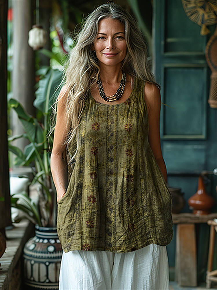 Vintage Tribal Pattern Art Sleeveless Linen Blend Tank Top