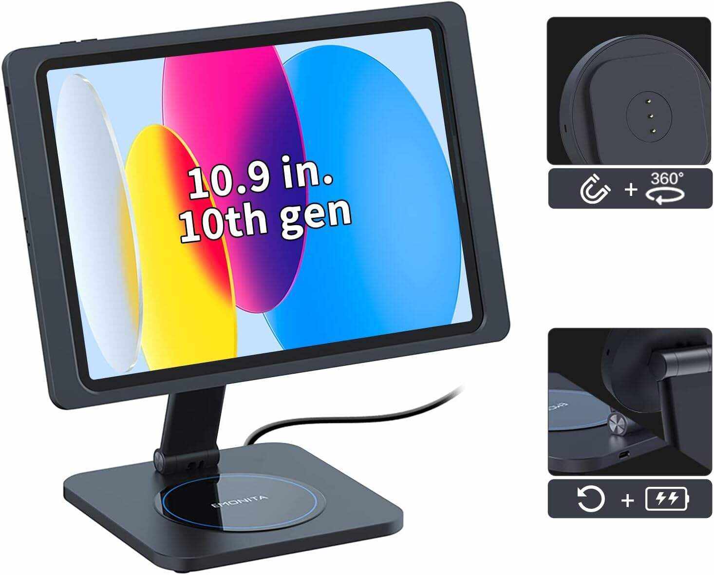 EMONITA Magnetic Stand with Charging Case for 10.2 Inch 7th / 8th / 9th Gen (2021/2020/2019). 18W USB C Fast Charging Cable Included, Foldable L Shape, Strong Magnets, 360 Rotation, 180 Tilt