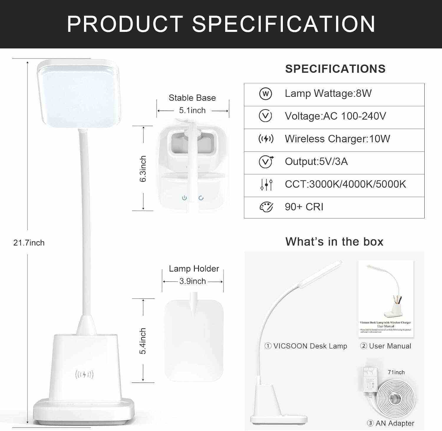 Desk Lamp with Wireless Charger, LED Desk Lamps for Home Office, 800 Lumens, Small Desk Lamp with Pen Holder, Flexible Arm, 3 Modes, Dimming, Touch Lamp for College Dorm Room