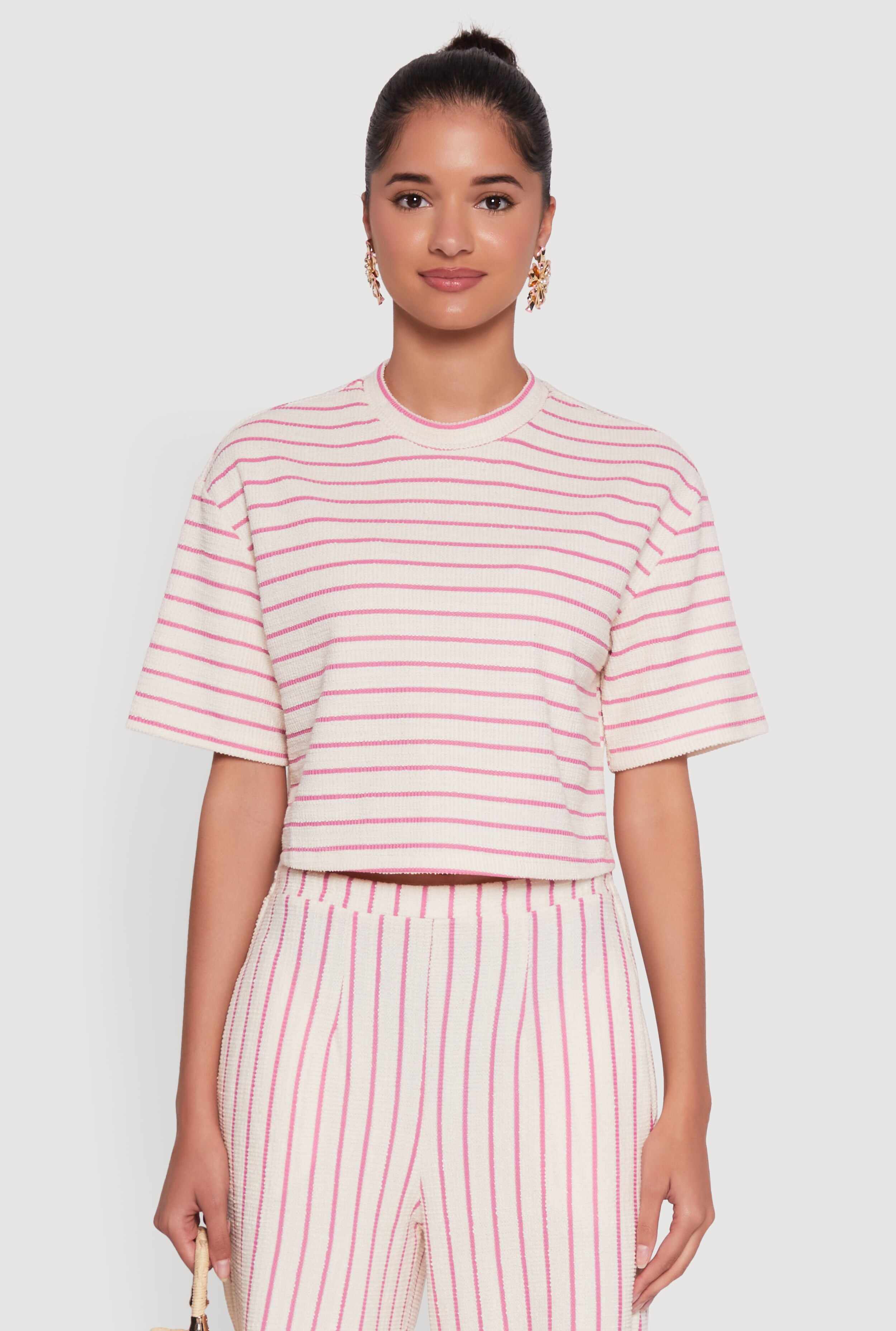 Trendy Classic Fit Striped Textured Knit Crop Top