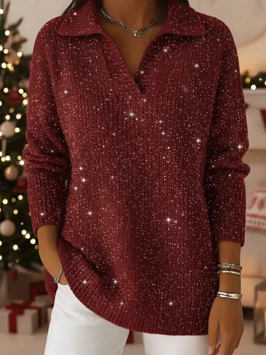 🔥Summer Arrivals🌟Christmas Party Polo Collar Shiny Loose Sweater Top