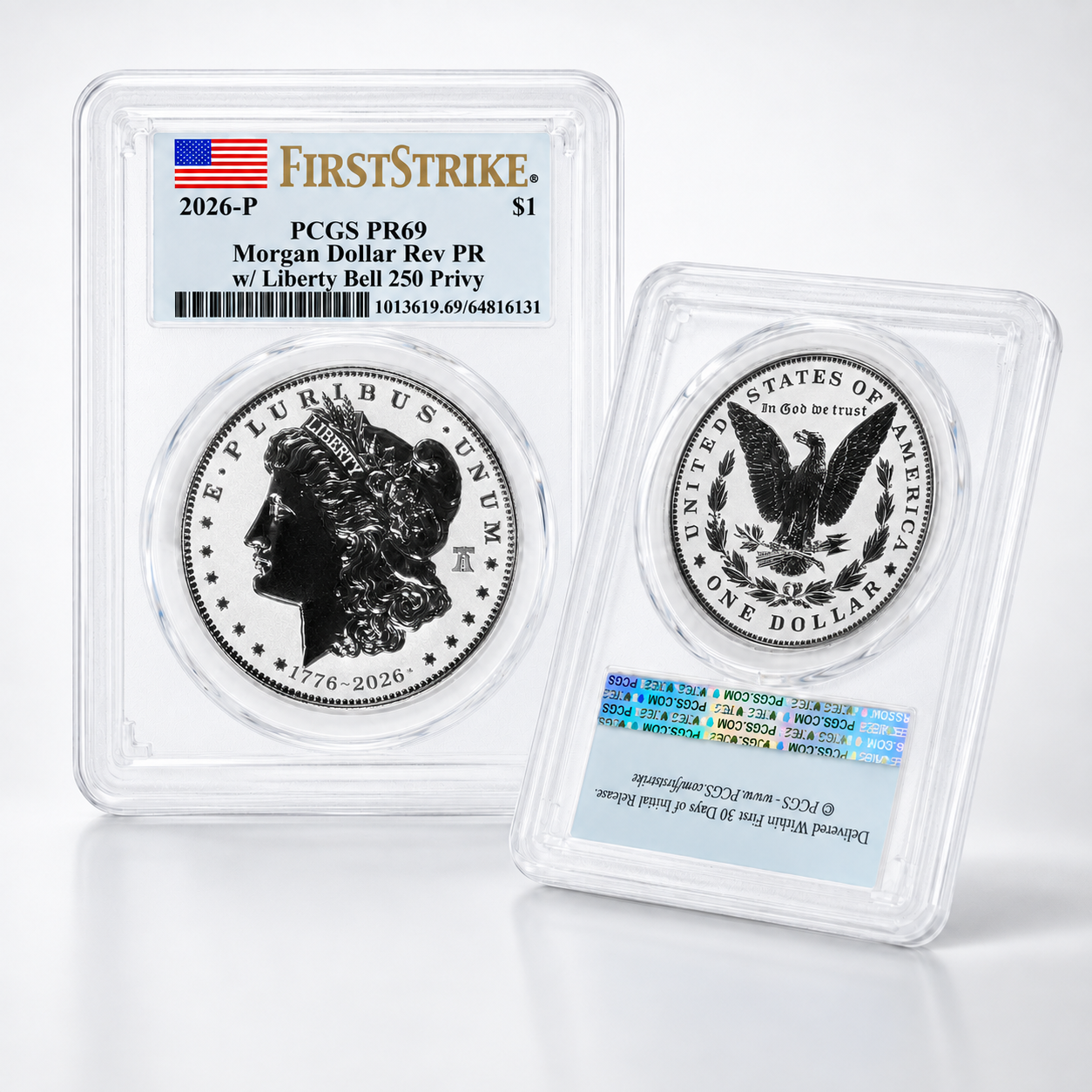 2026-P Morgan Silver Dollar Reverse Proof Coin PR69 (First Strike, 250th Anniversary, Liberty Bell 250 Privy, Flag Label)